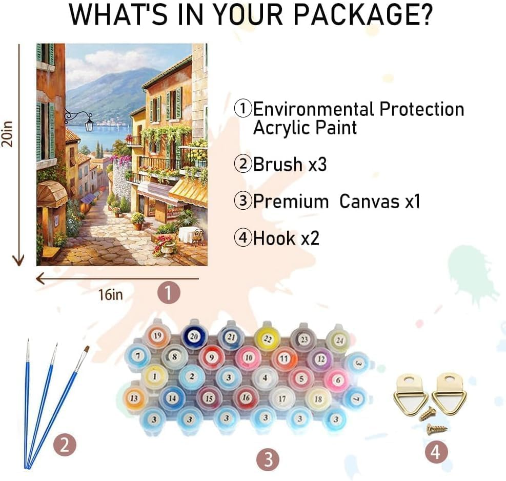 Paint by Number for Adults. Town DIY Acrylic Painting Kit for Adults Beginner &ndash; 16&rdquo; X 20&rdquo;With 3 Brushes and Bright Colors image number 3