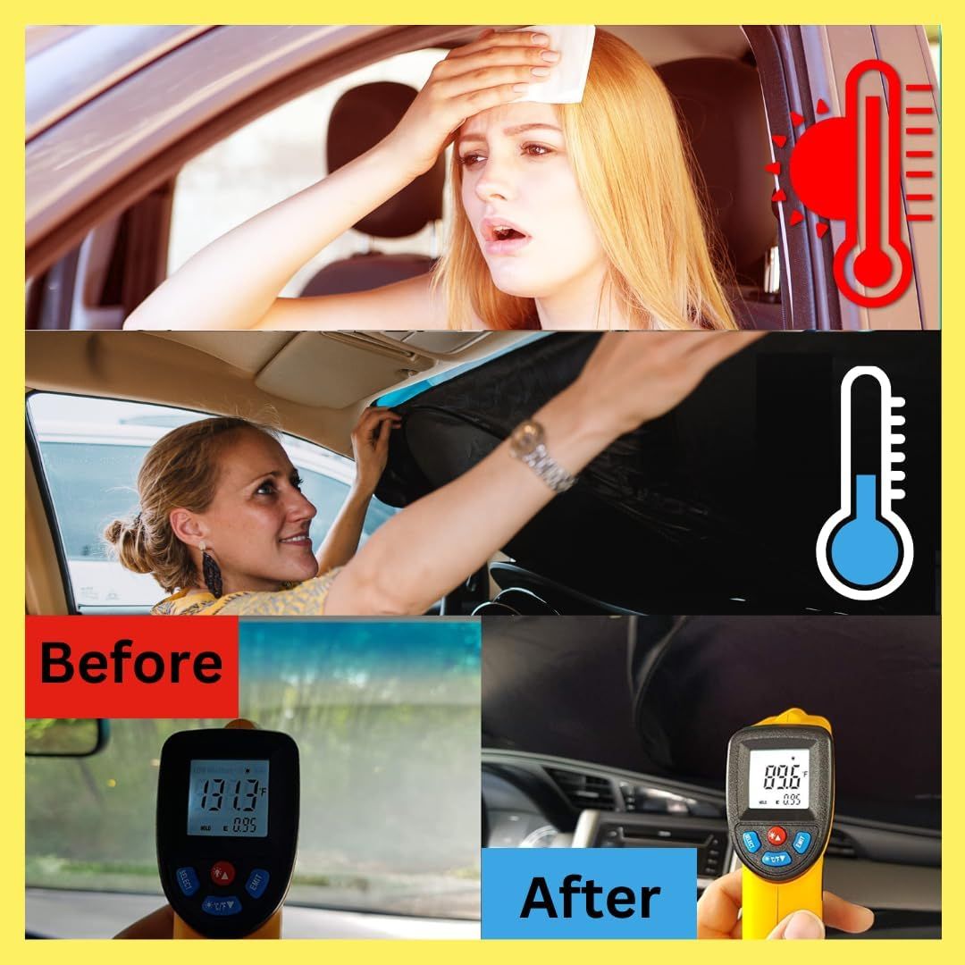 Kinder Fluff Windshield Sun Shade | Oxford Cloth Car Foldable Windshield Sun Cover & 99% UV Rays Block | Car Window Interior Accessories | Thicker Sunshades for Windscreen Sun Heat - M (155X81Cm) image number 3