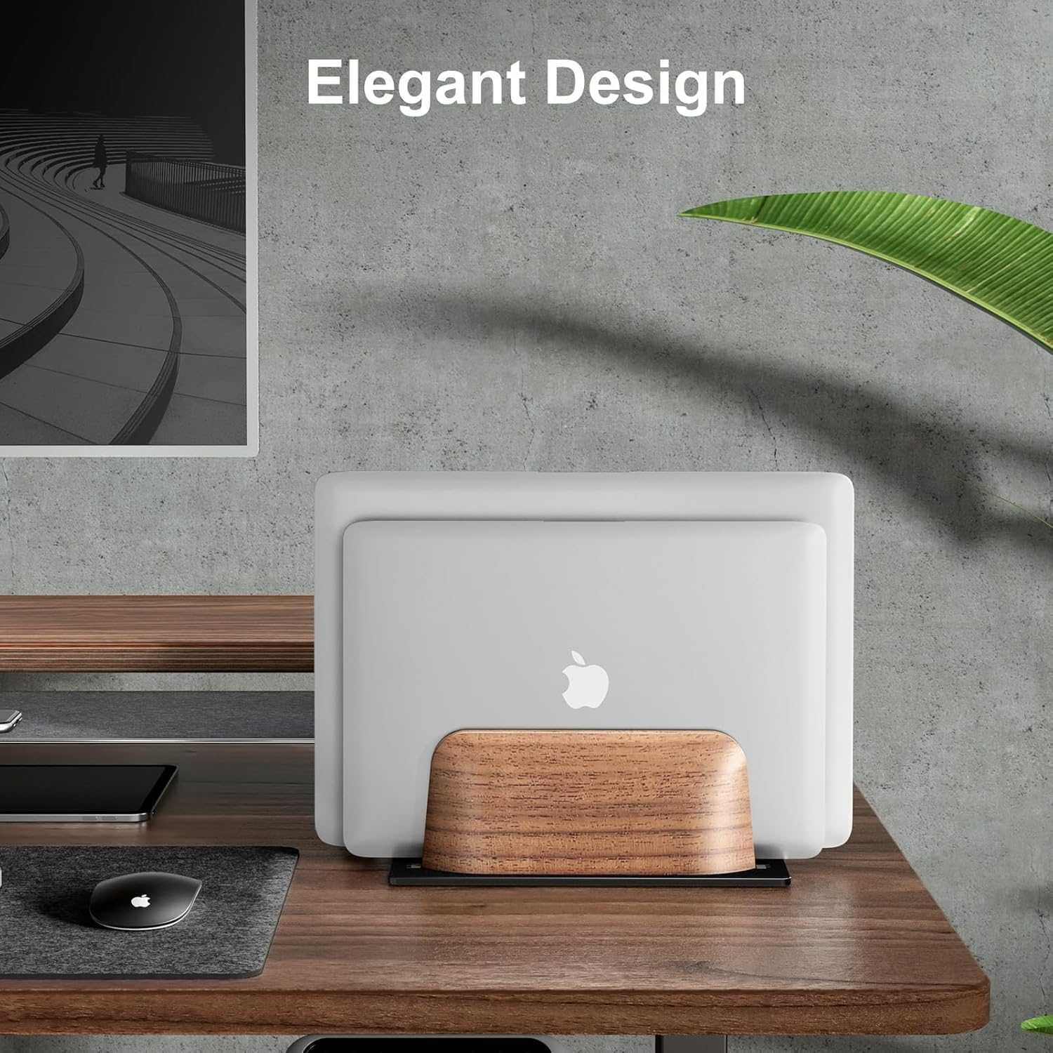 SHUOSUO Vertical Laptop Stand, Dual Slot Walnut Wood Laptop Holder for Desk, Natural Wooden & Aluminium Width Adjustable Dock for Macbook and Other Laptops image number 4