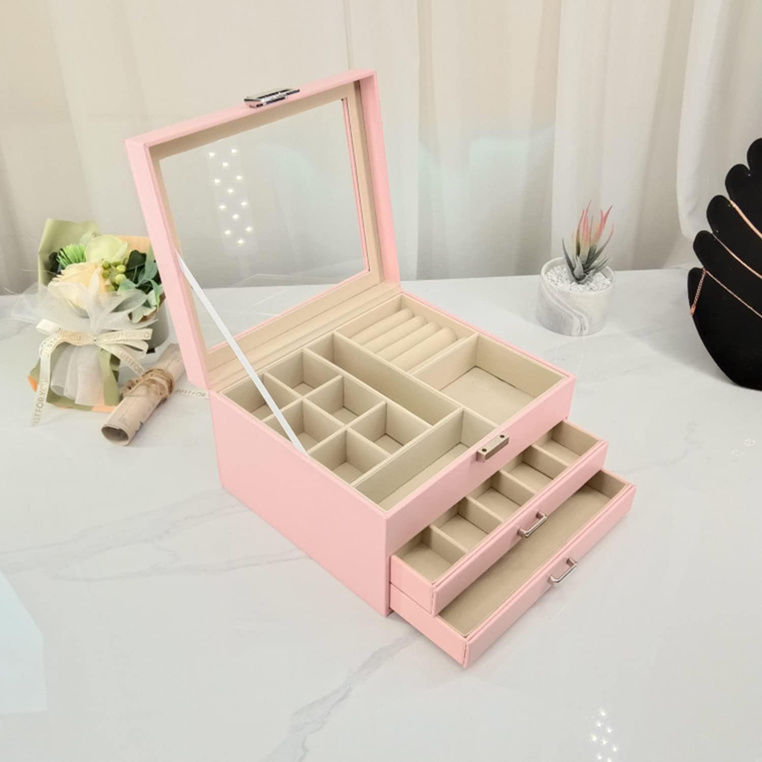 Jewelry Box with Glass Lid, 3-Layer Jewelry Organizer with 2 Drawers for Loved Ones Gifts, Pink image number 3