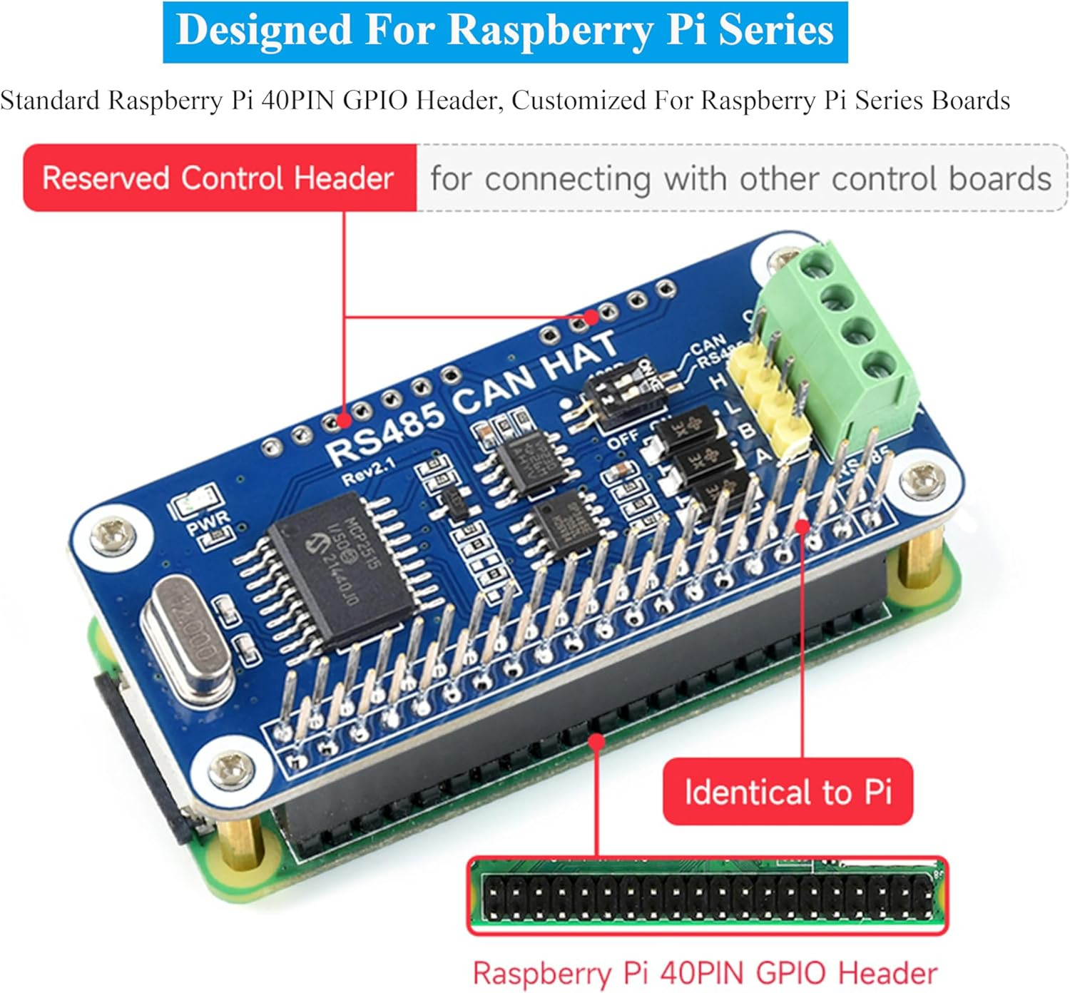RS485 CAN HAT Compatible with Raspberry Pi 5/4B/3B+/3B/Zero/Zero W/Wh/Zero 2W, Expand CAN and RS485 Functions, CAN Controller MCP2515 via SPI Interface, RS485 Controlled via UART image number 1