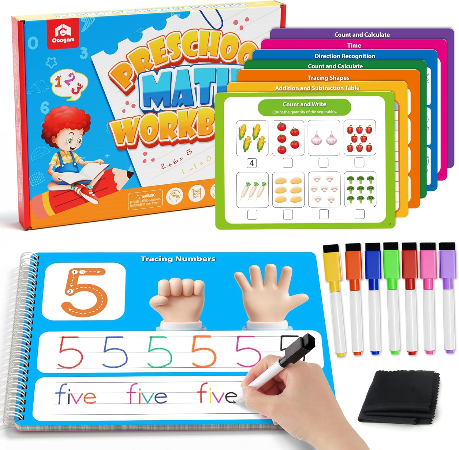 Coogam Math Learning Game Workbook for Counting Skills, Dry-Erase Number Tracing Handwriting Practice, Math Addition and Subtraction, Educational Travel Car Activities Gift Toy for Kids Age 3-8 image number 1