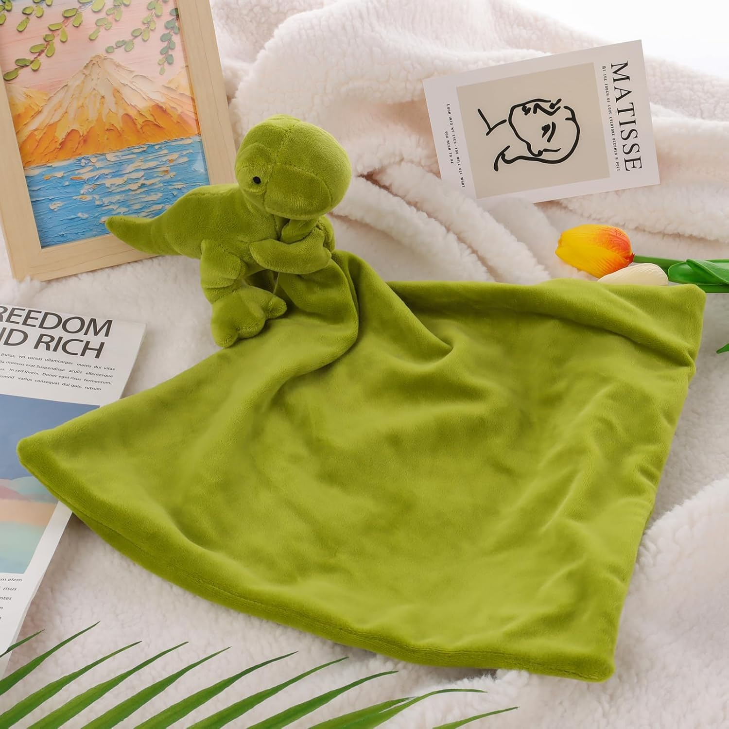 Apricot Lamb Snuggler Plush Infant Stuffed Animals Dinosaur Security Blanket Nursery Character Blanket (Green Dinosaur, 14 Inches)