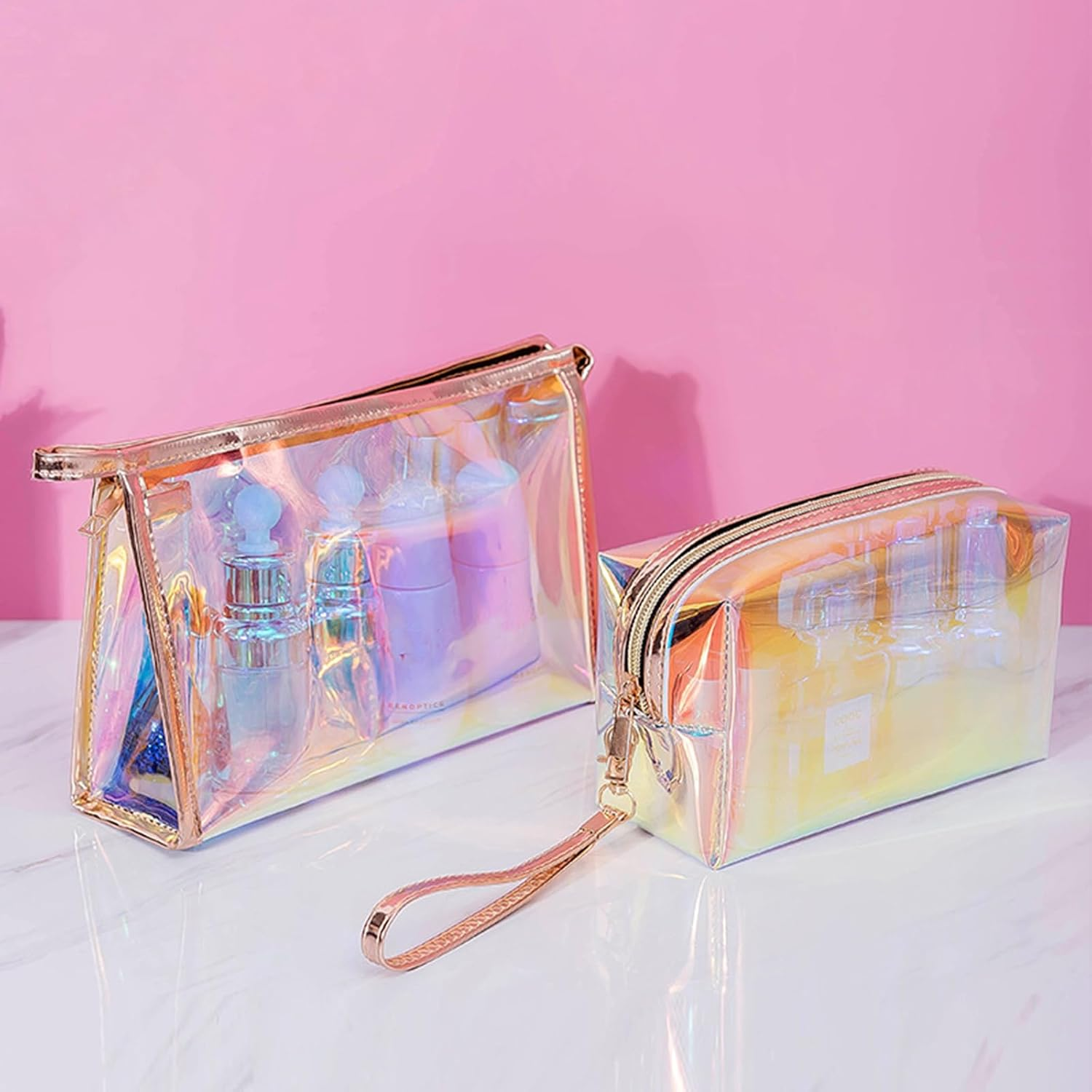 Iridescent Holographic Makeup Bag with Portable Handle, Travel Clear Toiletry Bag, Lipstick Cosmetic Pouch, Waterproof Zipper Beach Bag Make up Organizer Case for Woman Teen Girl, B image number 2