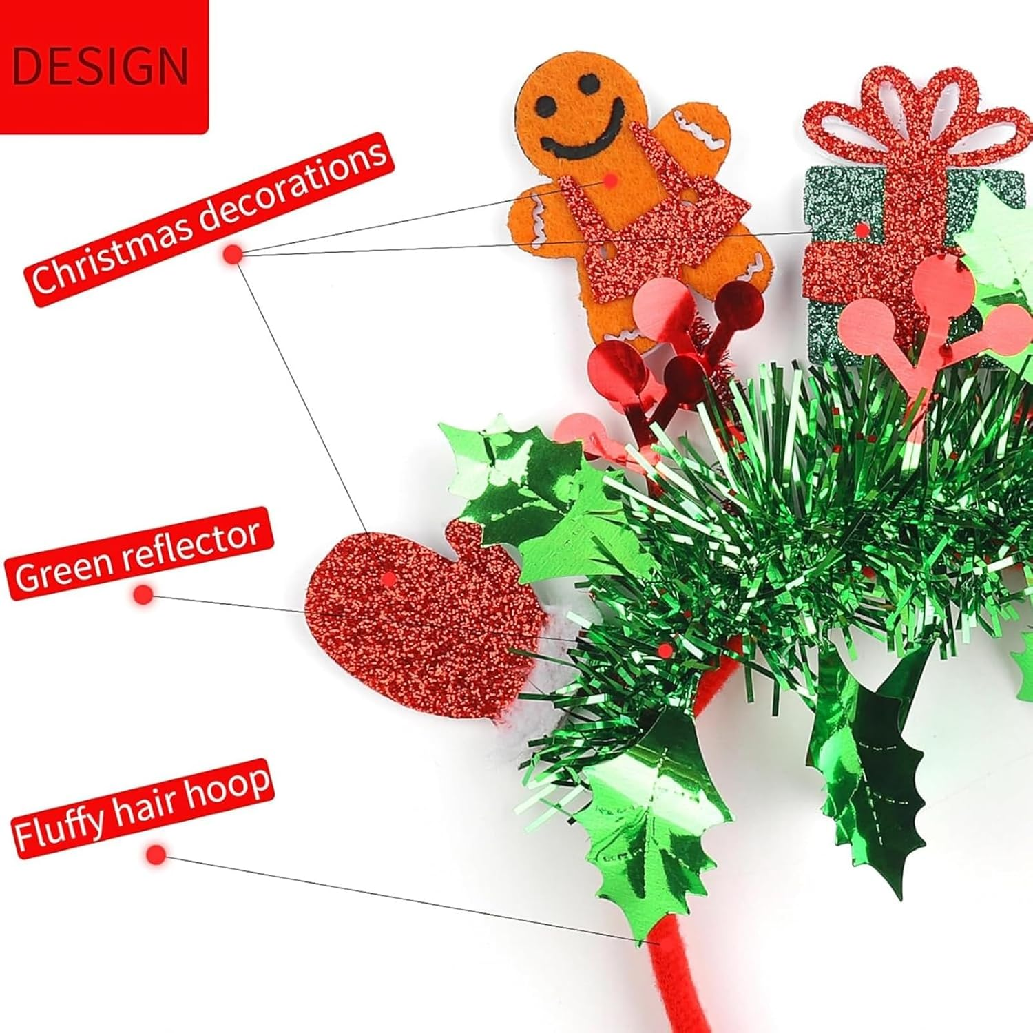 Itadaku Christmas Headband, Funny Gingerbread Man Hairband with Glitter Green Tassels, Festive Head Bopper for Women & Girls, Holiday Party Headdress Accessory image number 2