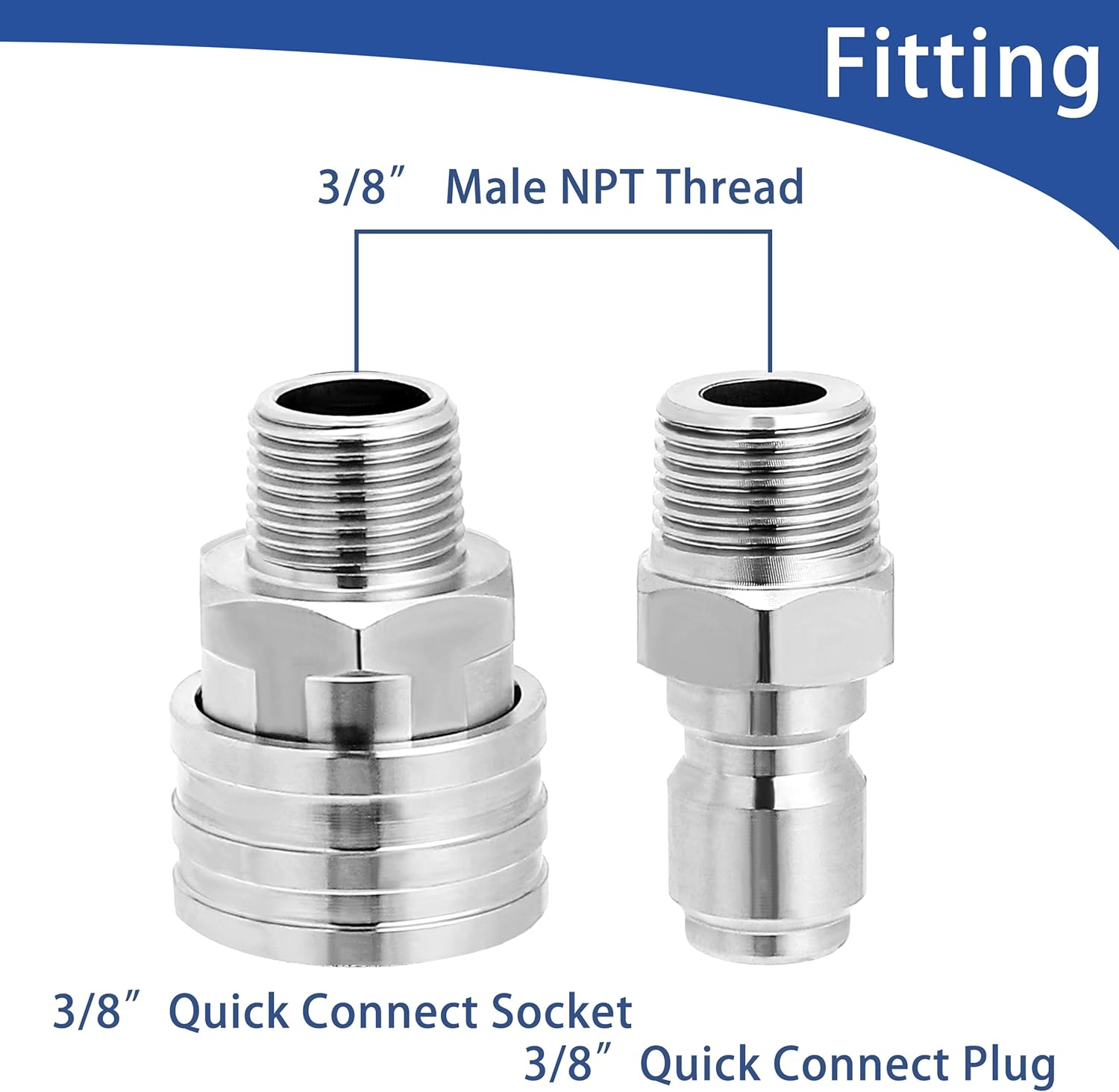 M MINGLE Pressure Washer Adapter Set, 2 Sets 3/8" Quick Connect Fittings, Male Pressure Washer Quick Disconnect Kit, Stainless Steel, 5000 PSI image number 2