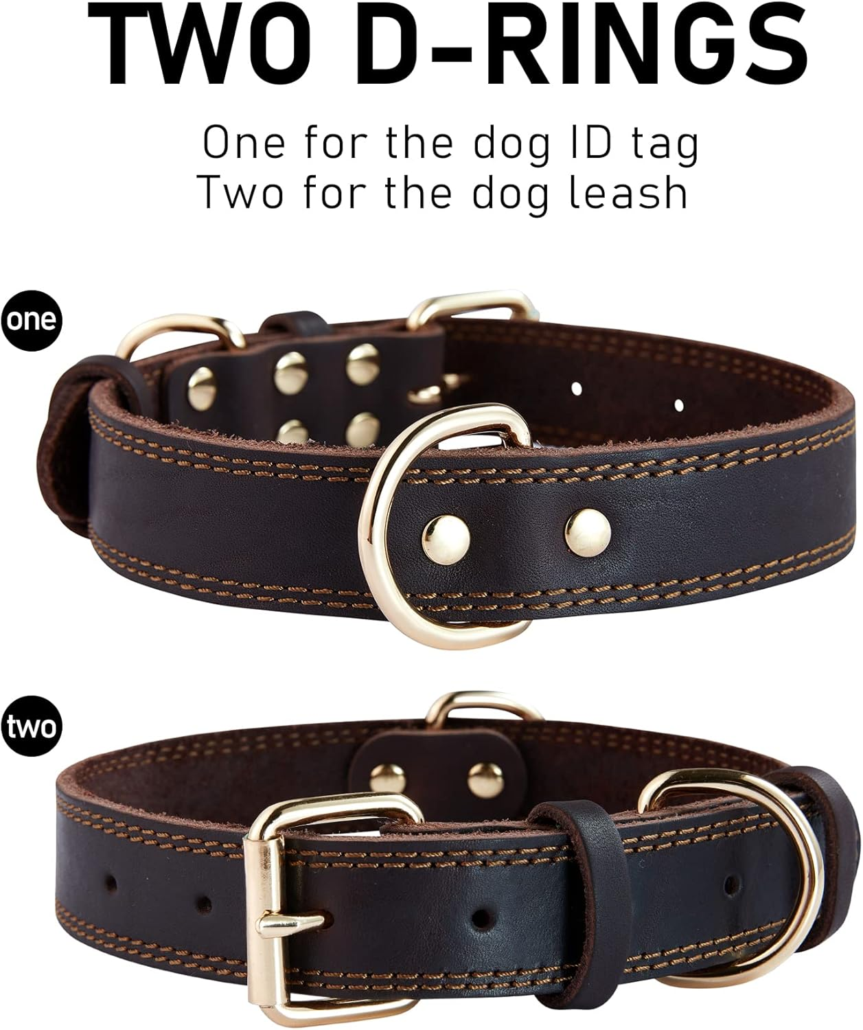 Genuine Leather Heavy Duty Wide Dog Collar, Dual Stitch - Brown (L: 1.2" Wide for 17"-23" Neck, Suitable for Small to Extra Large Dogs)