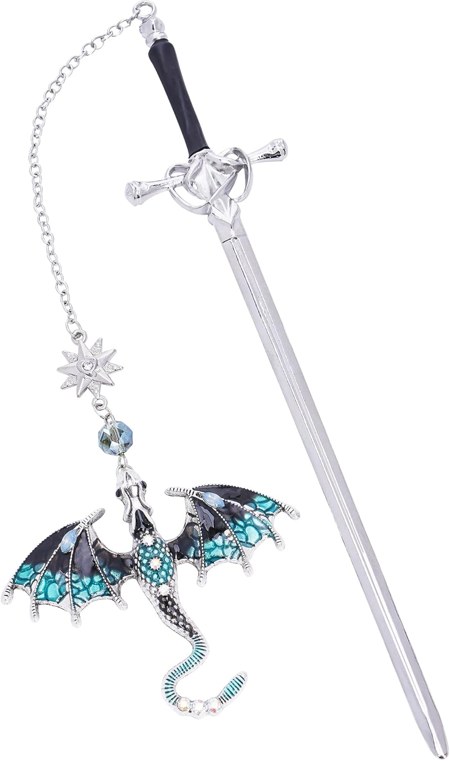 Fantasy Dragon Sward Bookmark - Cool Fourth Wing Page Marker Unique Personalized Tassel Metal Pendant Antique Gold Green Bookmarks Reading Gift Men Birthday Teacher Friend Thank Christmas