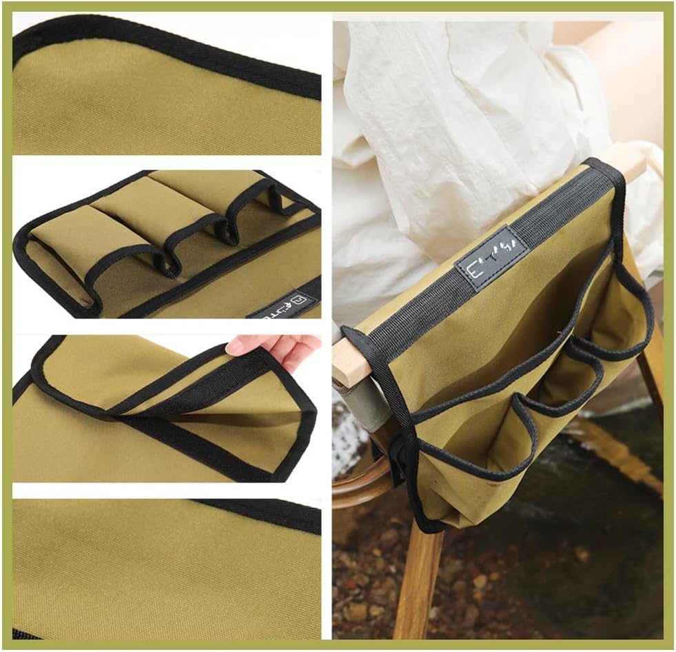 Granmagazz Double-Layer Camp Chair Side Pocket Storage Bag, 4 Pockets, Khaki, Unisex