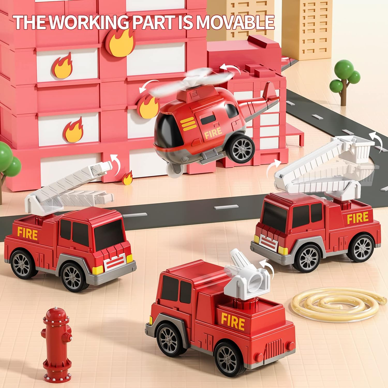 TEMI Fire Truck Toys for 2 3 4 5 6 Years Old Boys Girls - 5 in 1 Carrier Truck Transport for Toddlers 1-3, Friction Power Fire Engine Toys for Kids 3-5, Christmas Birthday Gifts image number 4