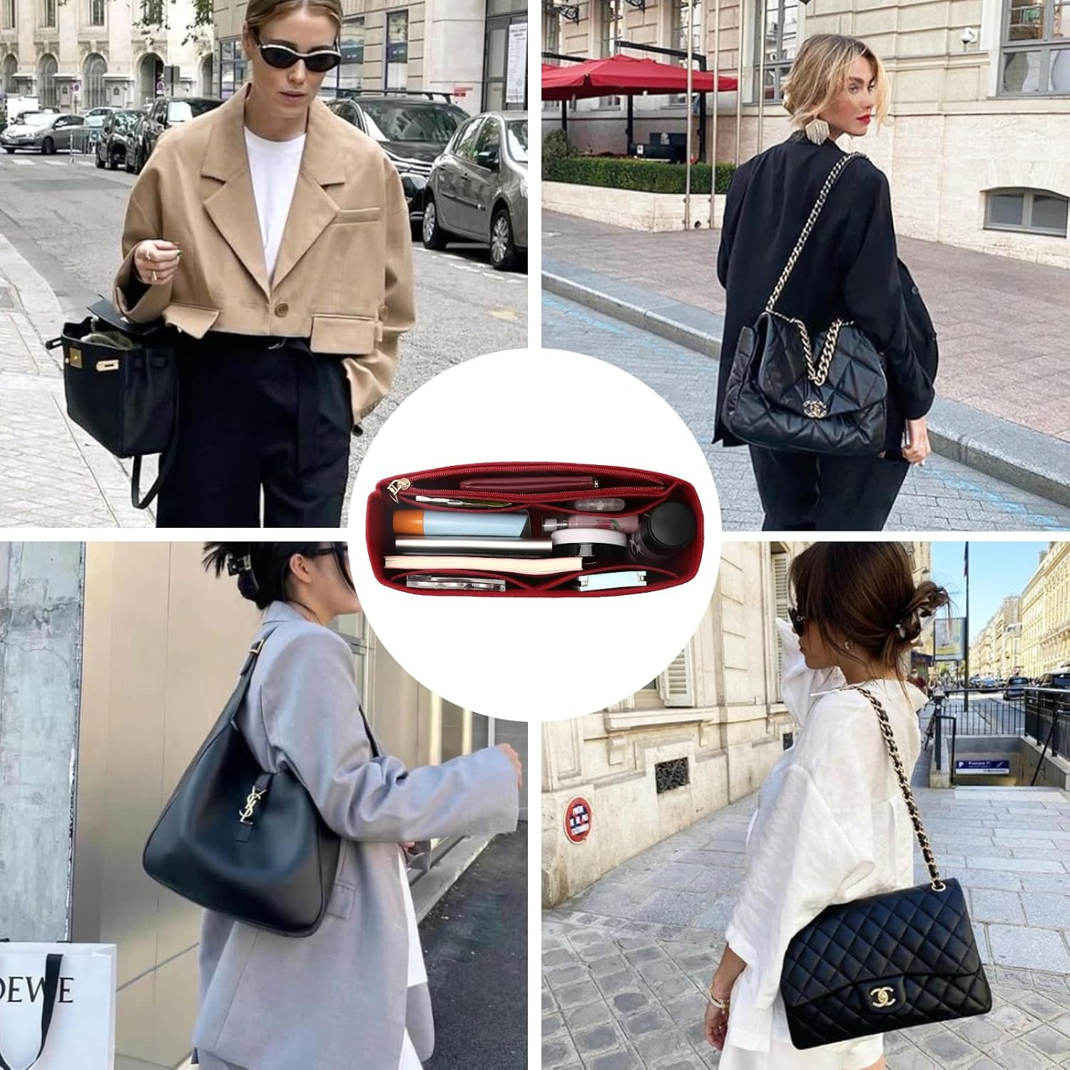 Surblue Purse Organizer Insert for Handbags, Felt Bag Organizer with Zippers Handbag Shaper Pouch for Classic 19 Flap Bag, Marmont, Onthego,（Burgundy, Slender M） image number 4