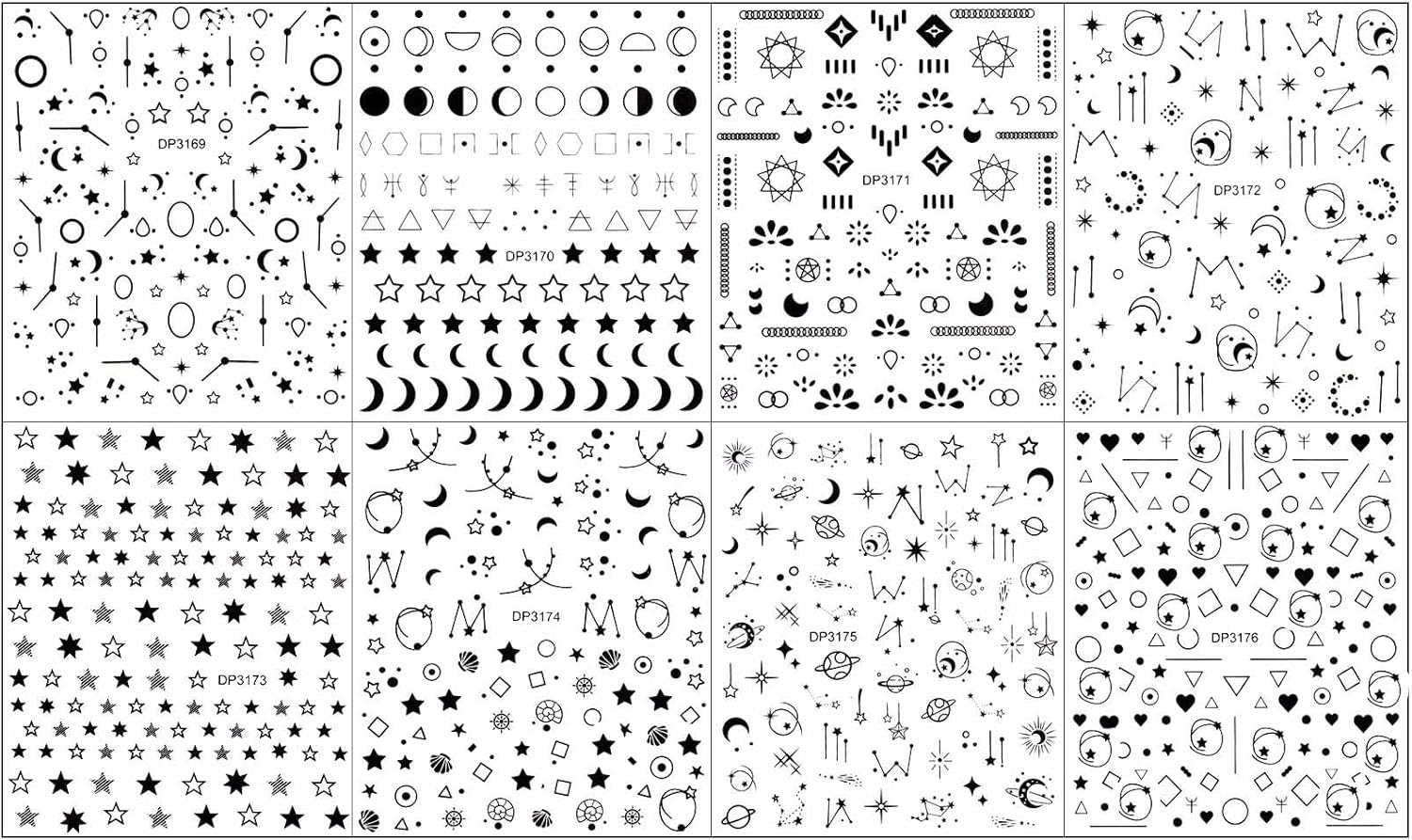 12 Sheets Black Metallic Geometric Line Nail Art Stickers Decals Self Adhesive Pegatinas Para U&ntilde;as Star Moon Love Heart Smiley Patterns DIY Design Nail Decoration for Women Girls - Black,Gold image number 4