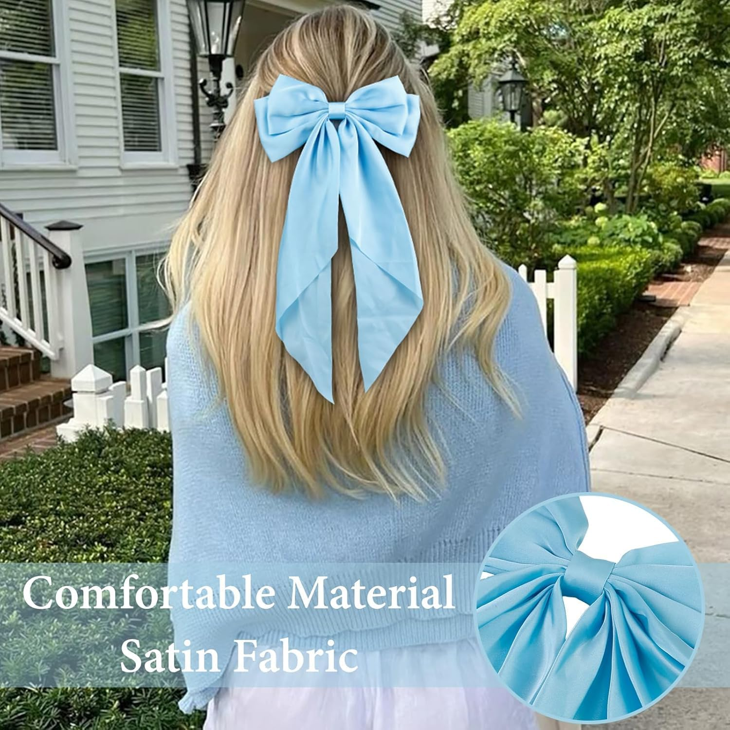 Hair Bows for Women Clips Big Hair Bow Ribbon, Long Silky Satin Ribbon Bows for Oversized,Light Blue Large Hairbow Barrettes Coquette Hair Accessories for Women Girls Aesthetic - Blue image number 2
