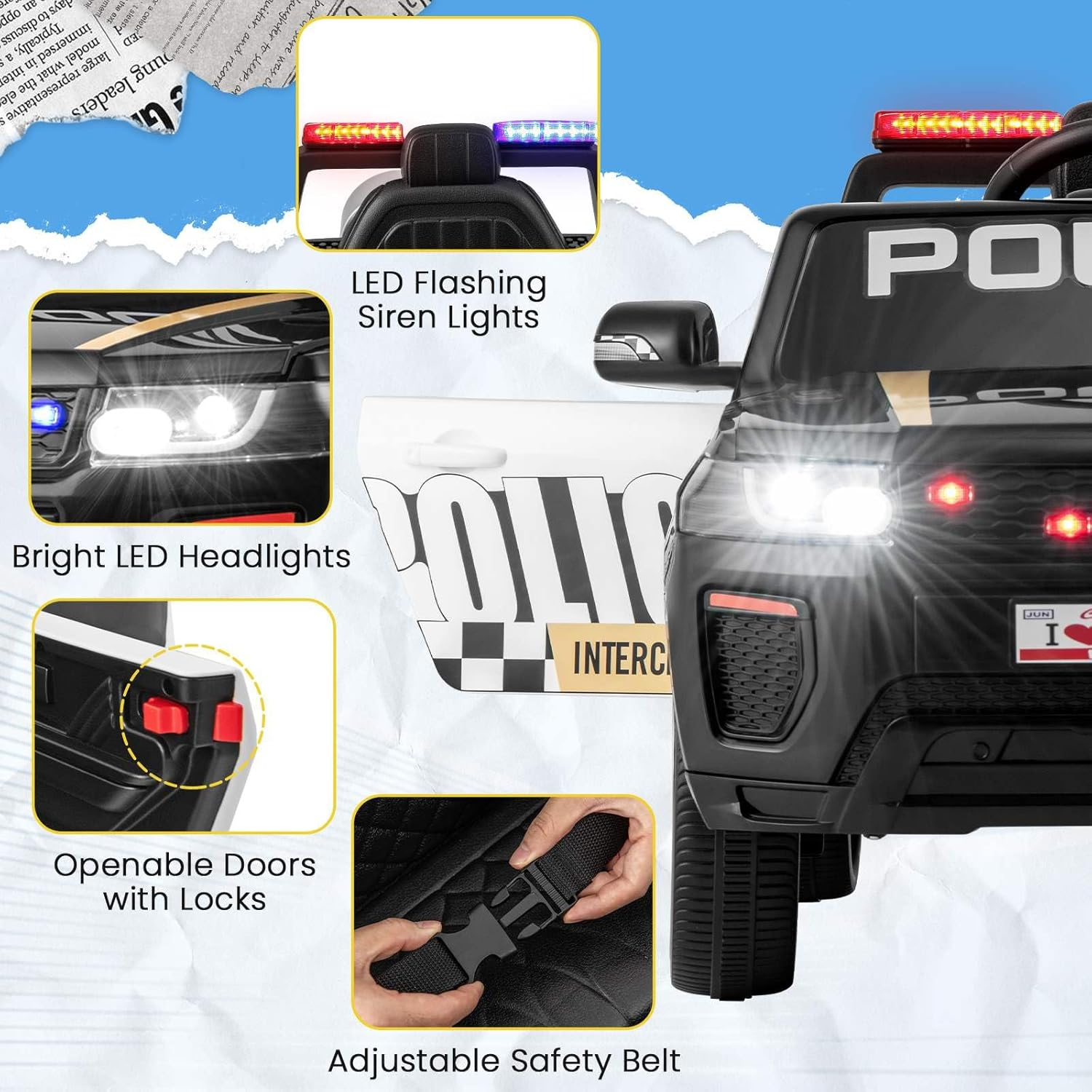 HONEY JOY Kids Ride on Police Car, 12V Electric Battery Powered Cop Car W/Remote Control, Wireless Connection, Music, Horn, Siren & LED Flashing Lights, Vehicle Ride on Toy, Black image number 6