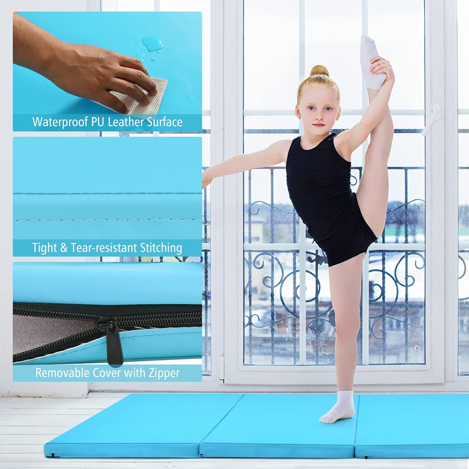 Costway Folding Gymnastics Mat, 240 Cm X 116 Cm X 5 Cm Exercise Tumbling Mat W/ Carrying Handles for Home Gym Fitness, Portable Extra Thick Panel Mat for Kids Play, Aerobics Workout, Yoga, Muscle Stretching image number 4