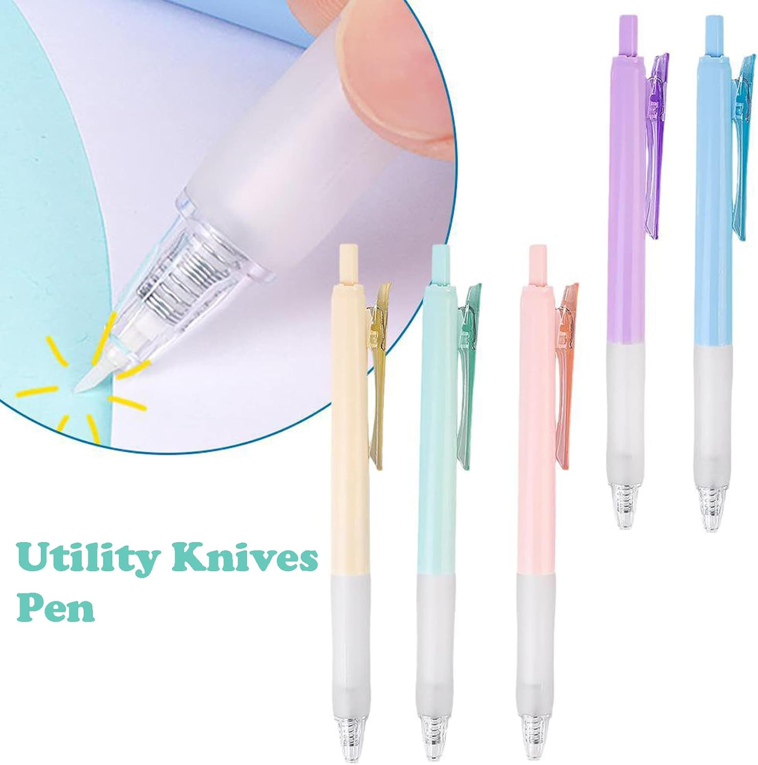 YUENTOEN 5Pcs Utility Knives Pen, Craft Cutting Tool Paper Pen, Hobby Knives Retractable Precision Paper Cutting Carving Tools with 20Pcs Refills for DIY Drawing Scrapbooking image number 4
