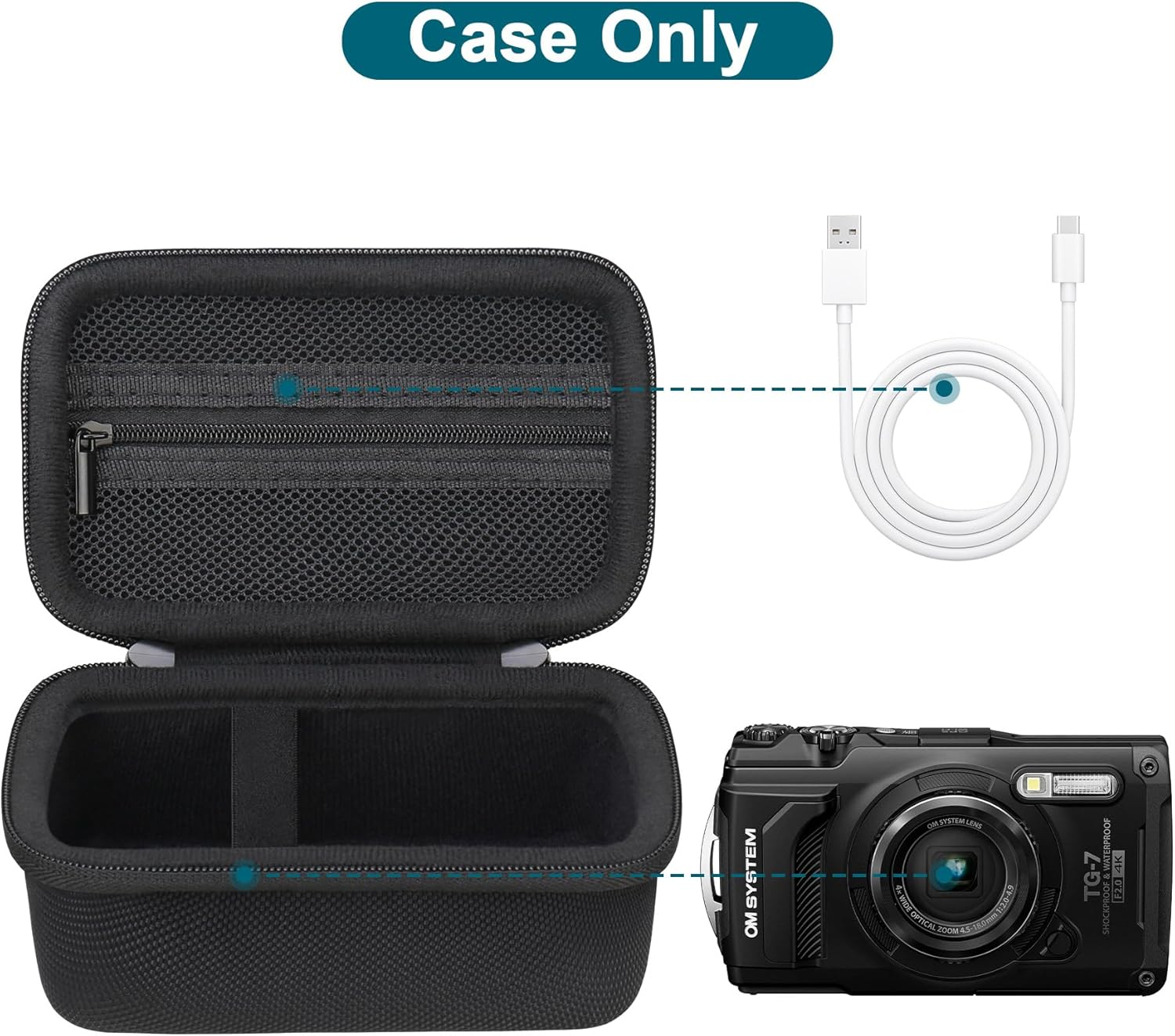Canboc Carrying Case for OM System Tough TG-7/ OM System Olympus TG-6 Underwater Camera, Waterproof Camera Bag, Zipper Mesh Pocket Fits USB Cable, Batteries, Black(Case Only)