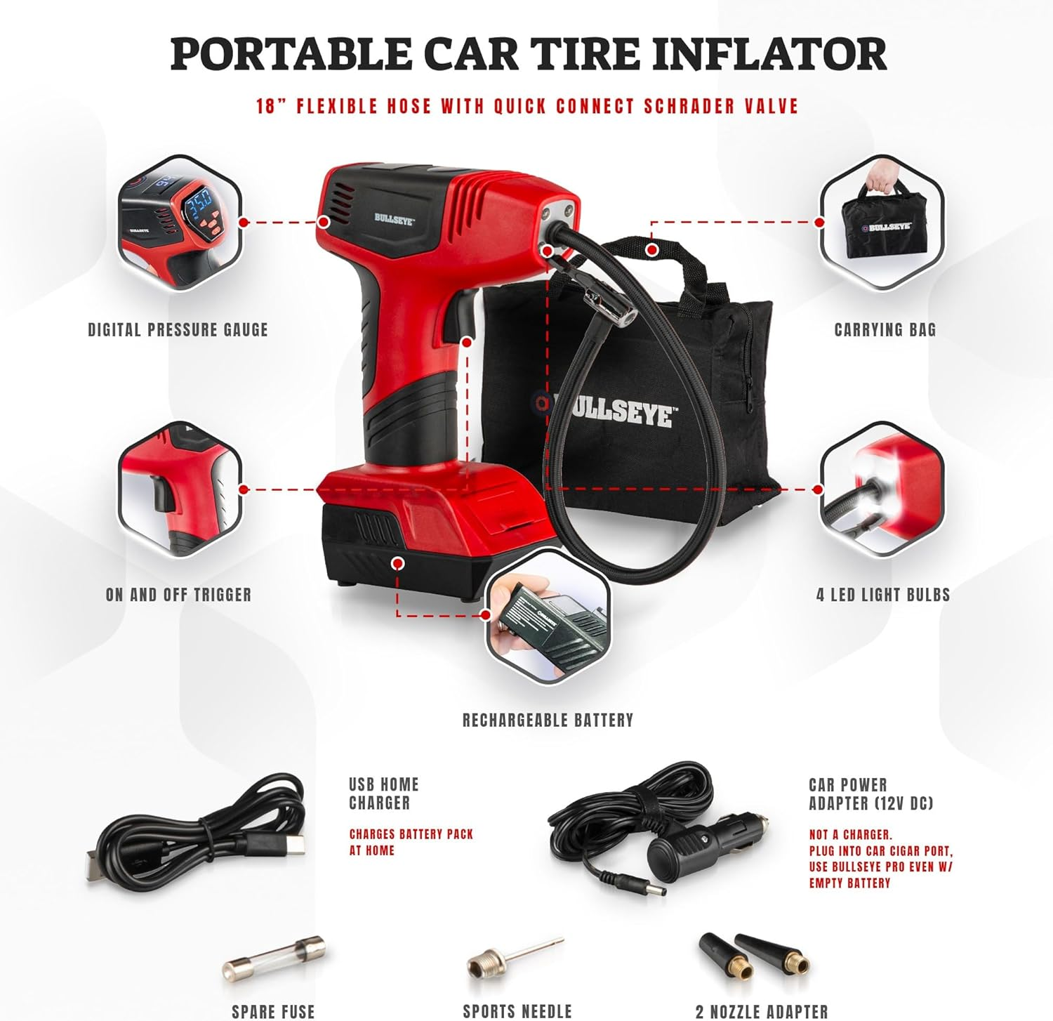 Bullseye Pro Tire Inflator Portable Air Compressor, Car Tire Inflator Portable, Portable Air Pump for Car Tires - 150PSI, 12V DC 1500 Mahs with Tire Pressure Gauge, Rechargeable as Seen on TV (Red) image number 6