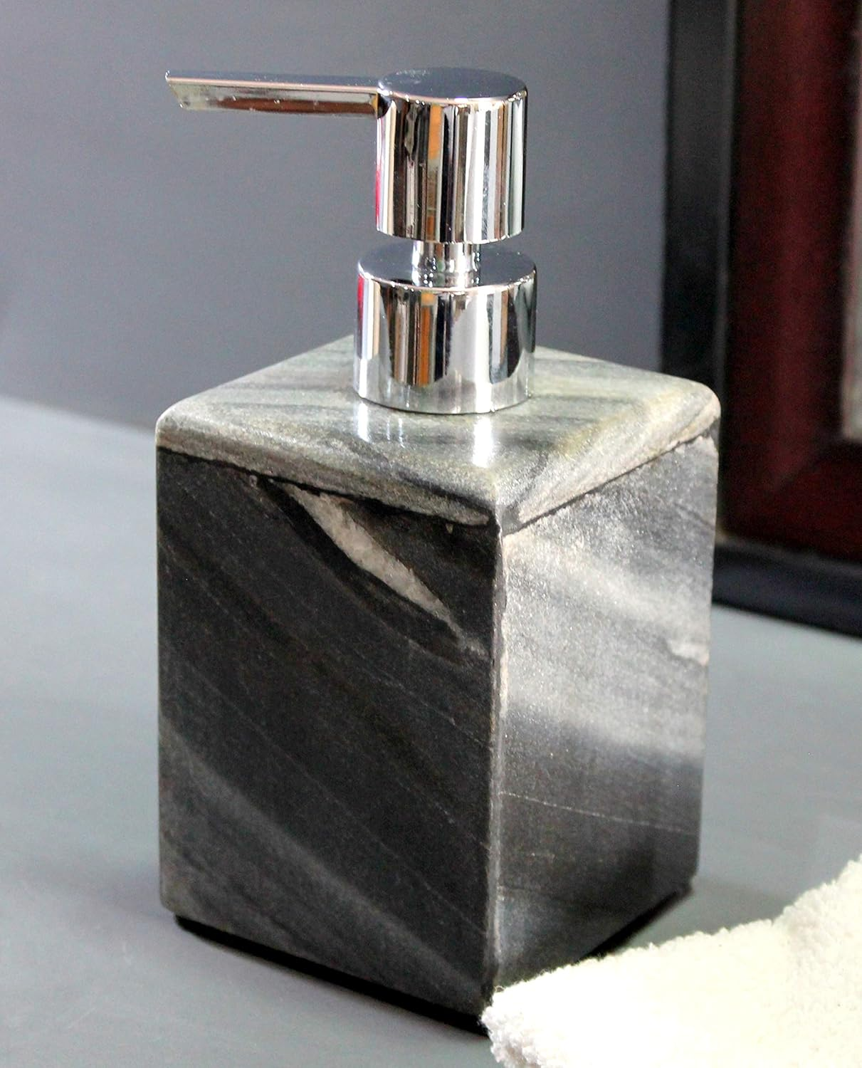 KLEO Soap/Lotion Dispenser - Made of Genuine Indian Marble - Luxury Bathroom Accessories Bath Set - Black/Grey image number 2