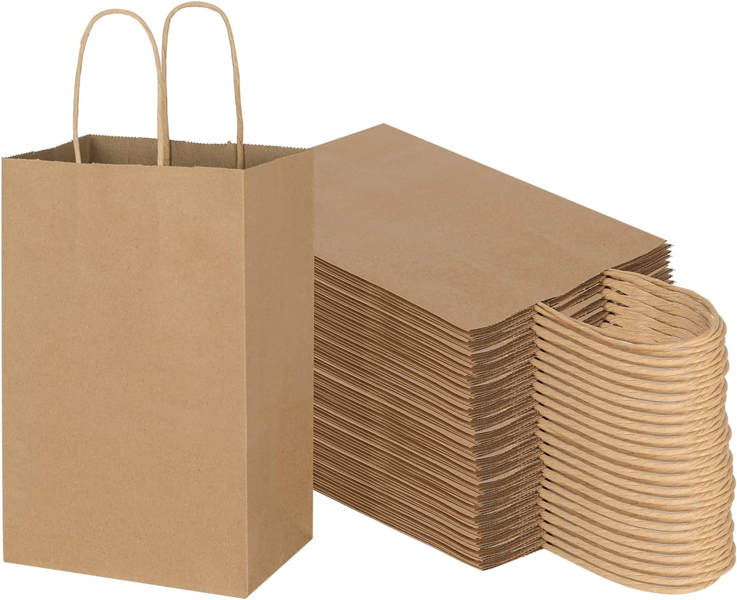 Toovip 100 Pack 5.25X3.25X8.25 Inch Small White Kraft Paper Bags with Handles Bulk, Gift Wrap Bags for Favor Grocery Retail Party Birthday Shopping Business Goody Craft Sacks Merchandise Take Out Cub