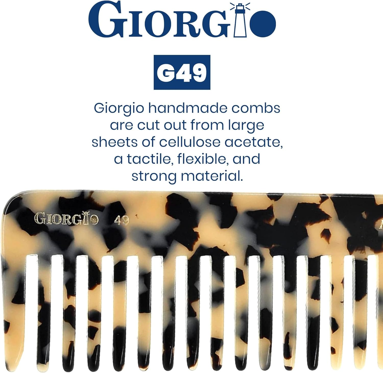 Giorgio G49 White Tokio, Large Wide Tooth Detangling Comb for Thick Curly Wavy Hair. Wet & Dry Hair Detangler - Handmade of Quality Cellulose, Saw-Cut, Hand Polished