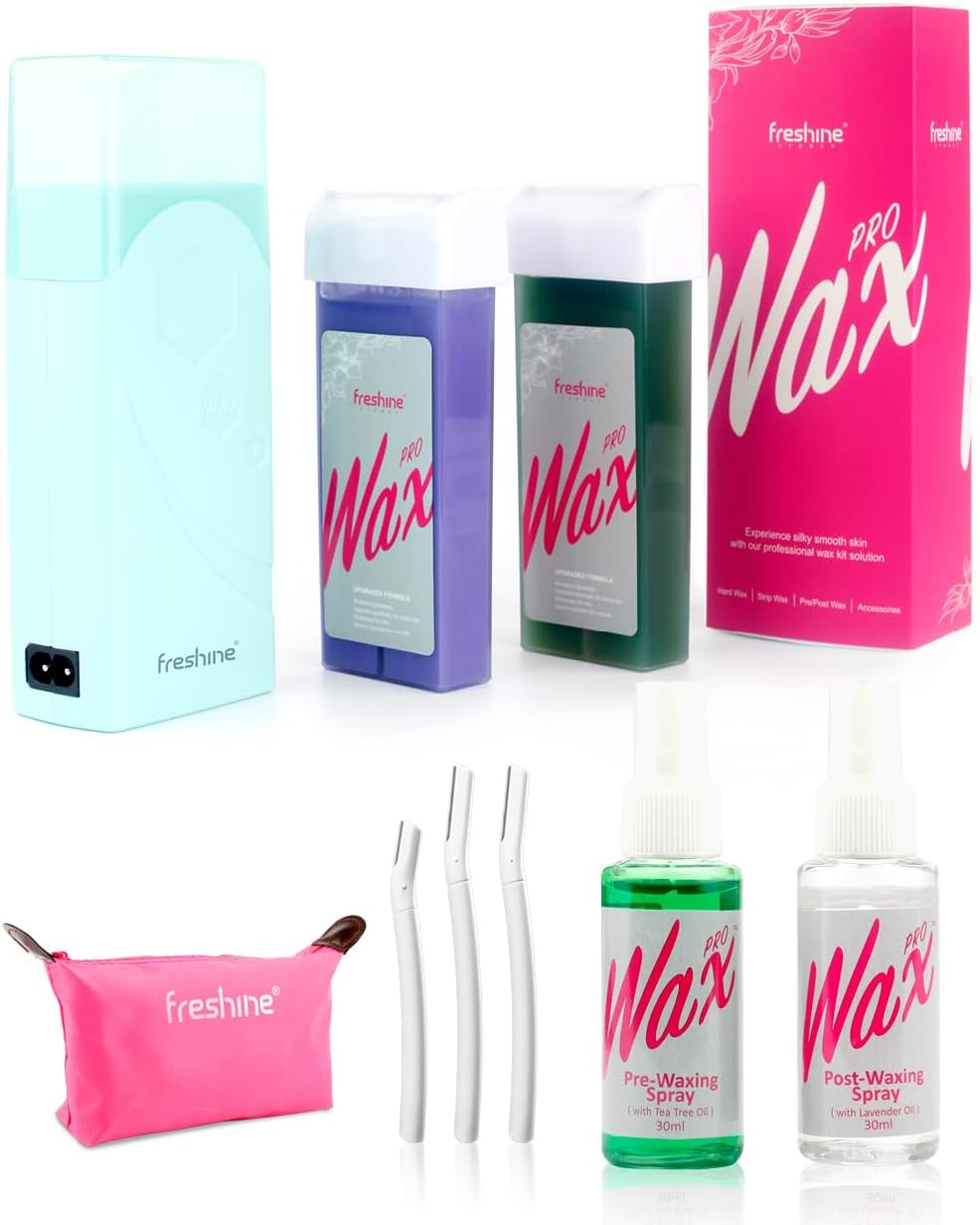 Freshine Roll on Waxing Kit Wax Strips Roller Wax Warmer Heater Waxing Care Spray Kit for Hair Removal Face Legs Arms Body (Blue 200G Spray Kits)