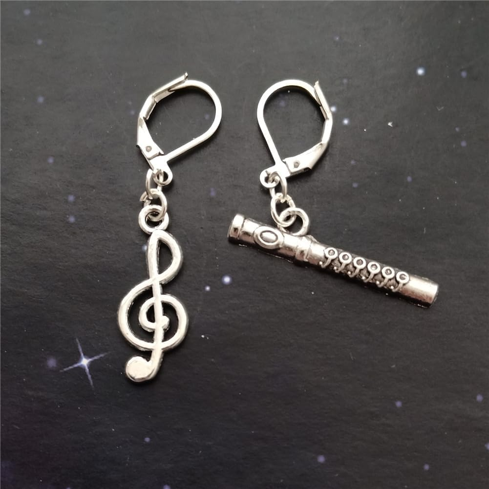 Musical Symbol Flute Mismatch Earrings, Musical Instrument Jewelry, Music Lover, Cool Music Note Lever Back Earrings image number 4