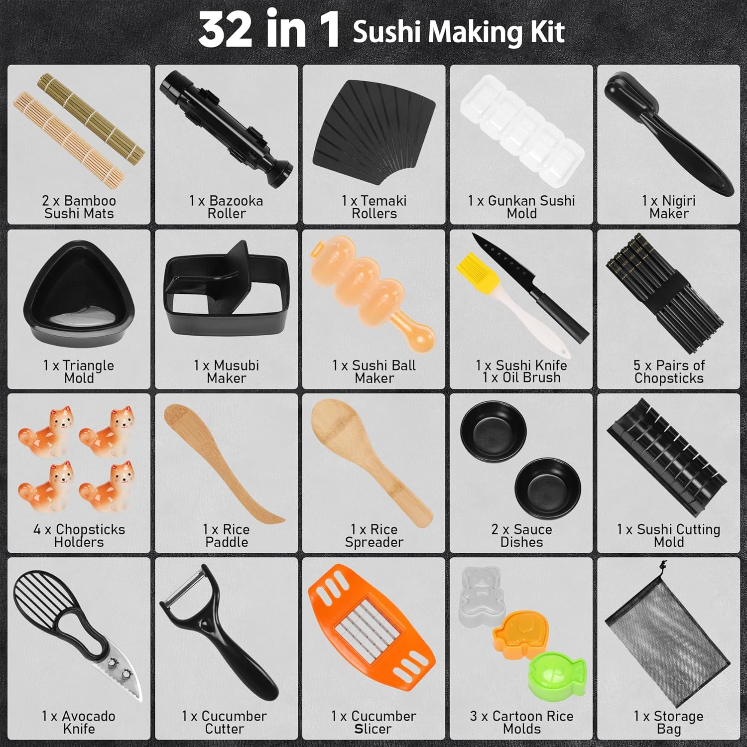 FUNGYAND Sushi Making Kit, 32-In-1 Complete Set with Bazooka Roller, Nigiri & Musubi Presses, Bamboo Mats, Knife, Peeler, Animal Rice Molds, Chopsticks & More &ndash; Perfect for Family Fun image number 4