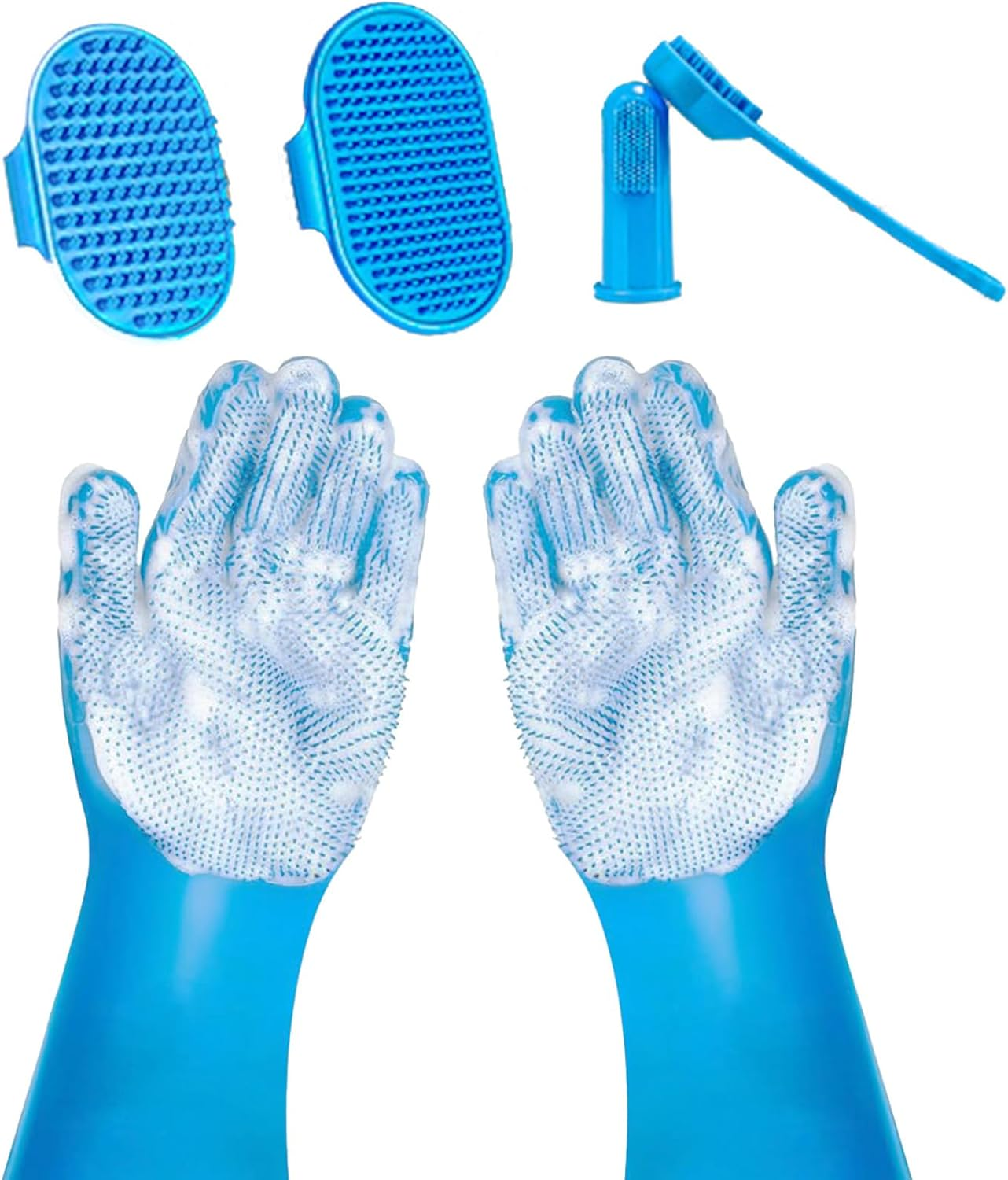 6PCS Pet Grooming Kit, Silicone Pet Bathing Set - Heat Resistant Bathing Gloves with High-Density Teeth, Bath Brush, Toothbrush Finger, Dog Shampoo Brush for Washing, Bathing & Massaging image number 2