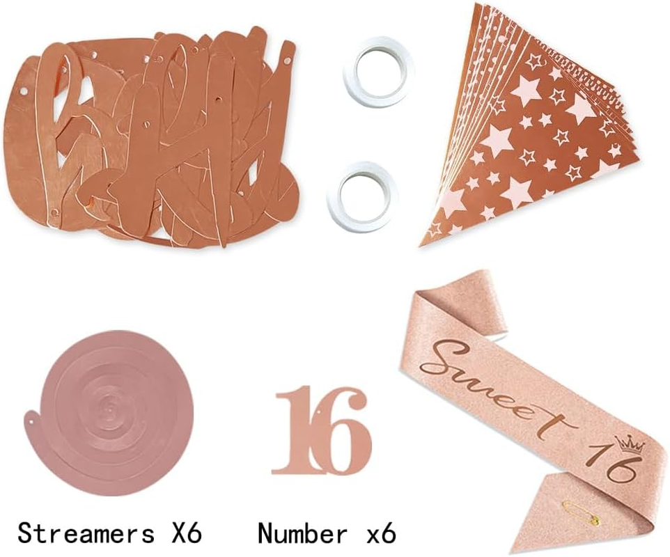 Happy 16Th Birthday Party Supplies for Women Girls,Rose Gold Happy 16Th Birthday Banner Bunting,Triangle Banner Flag Sash Hanging Swirls Streamers for Women Birthday Party Decoration (16Th) image number 5