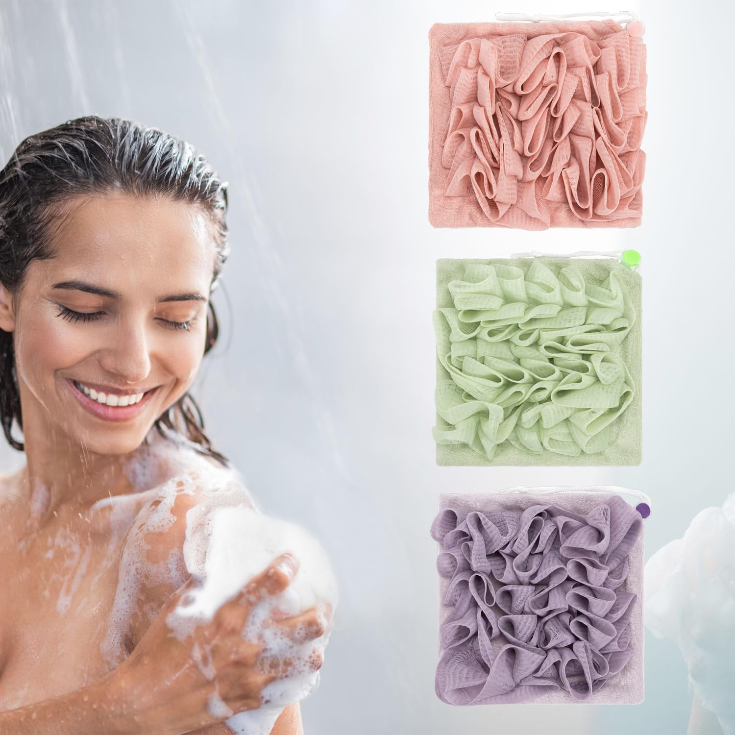 Soft Loofah and Washcloth, 3Pcs 2-In-1 Bath Loofah Sponge Loofah Washcloth,Washcloth Loofah Soap Combo,2-In-1 Shower Washcloth Loofah,Loofah and Washcloth 2-In-1 Bath Loofah Sponge Loofah Washcloth image number 6