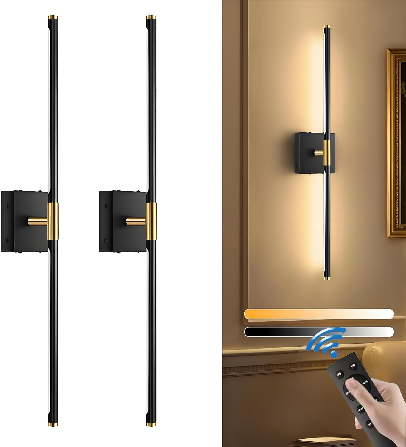 Battery Operated Wall Sconces with Remote Control,Wall Sconces Set of 2,3000K-6000K LED Wireless Wall Light for Bedroom, Hallway, Wall, 360&deg;Rotate,28.3 Inch, 2 Pack (Black) image number 6