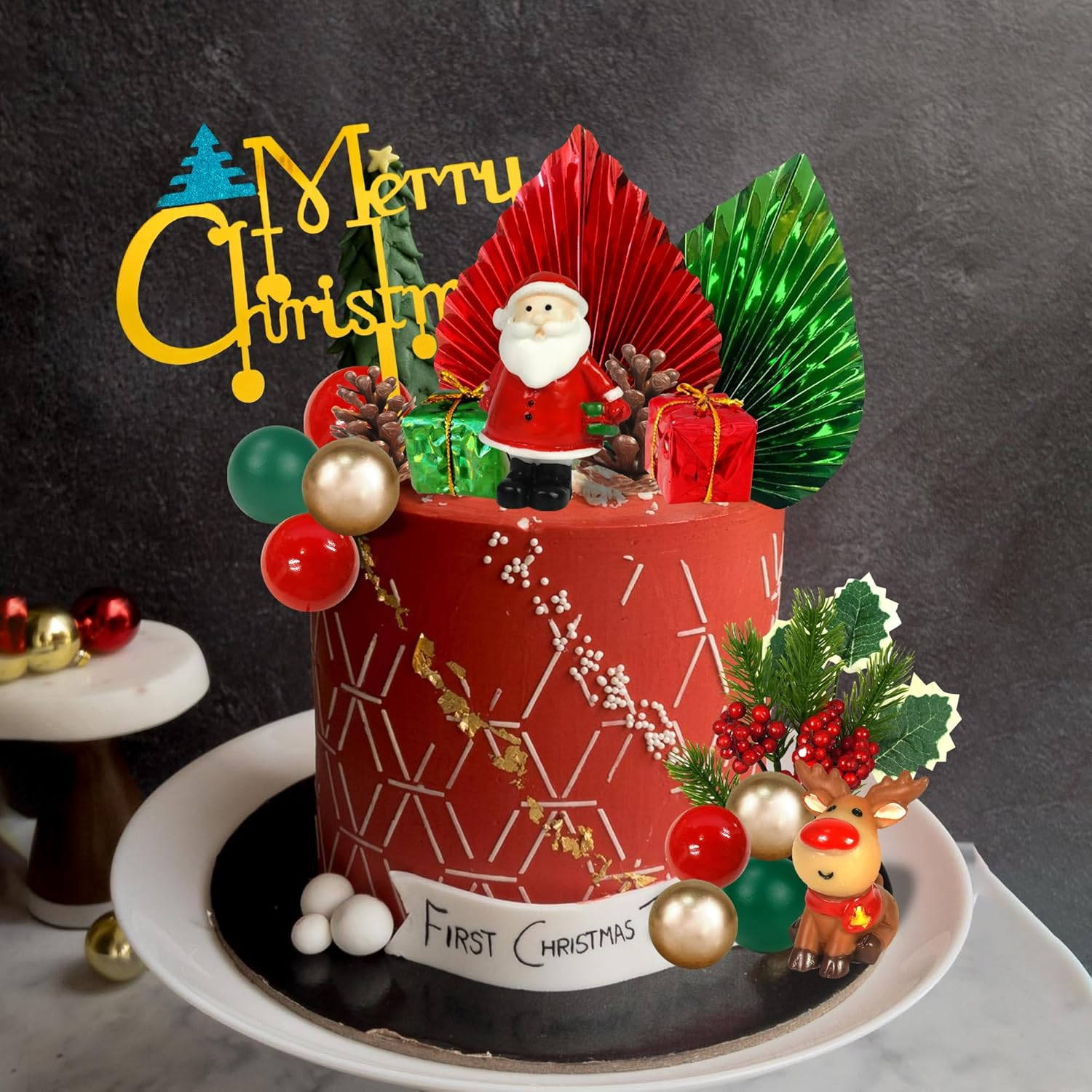 20 PCS Christmas Cake Toppers Merry Cake Decoration with Green Red Palms Tree Mini Santa Reindeer for Christmas Themed Birthday (Style 1) image number 3