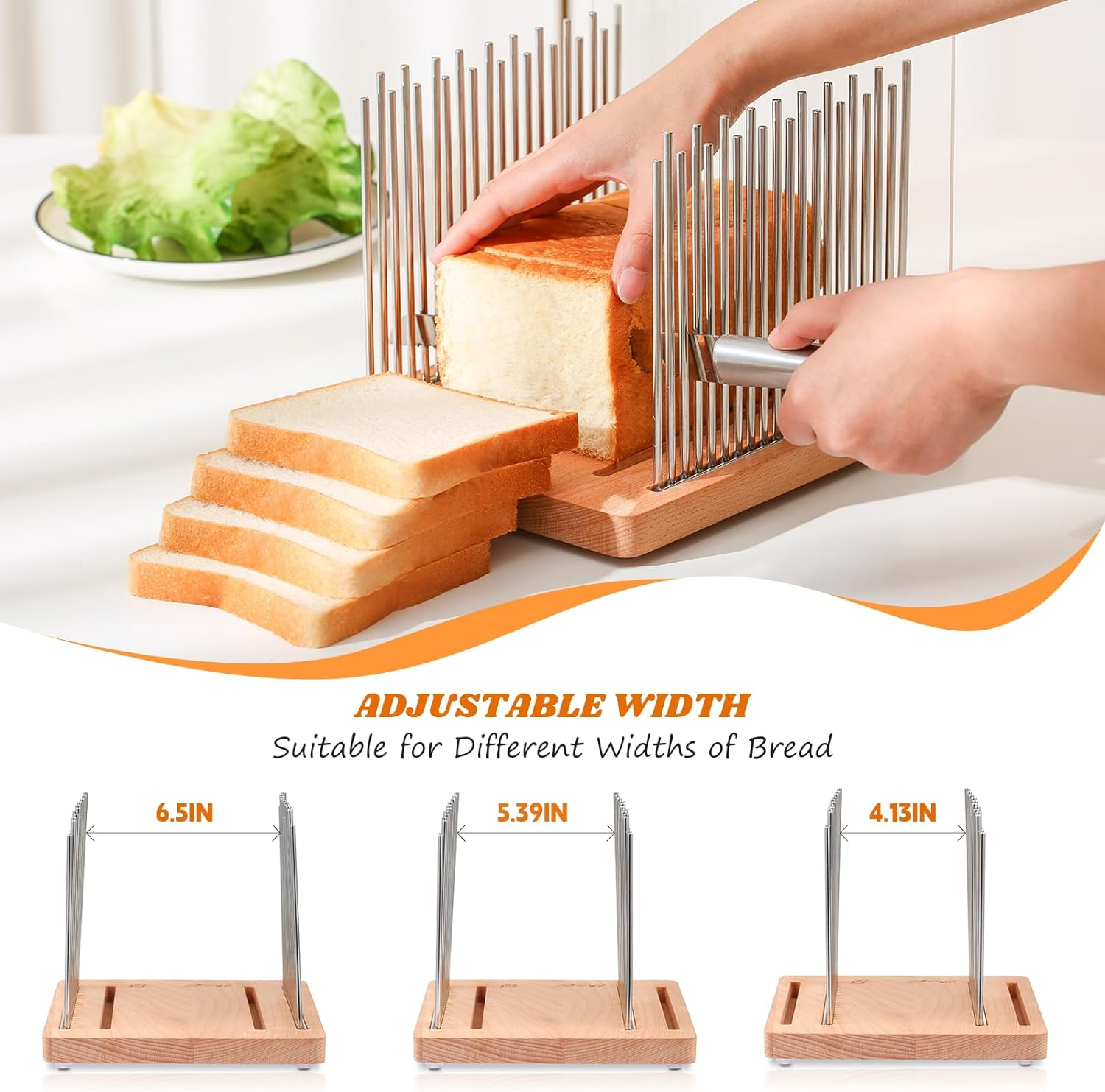 Bread Slicer, Bread Slicer for Homemade - Bread Cutting Guide Adjustable, Stainless Steel Slicing Guide, Durable and Stable Wooden Structure with Bread Knife