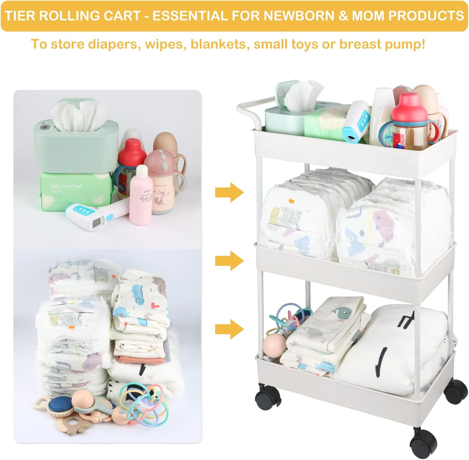 Volnamal Baby Diaper Caddy, Plastic Movable Diaper Cart Newborn Nursery Essentials Baby Diapers Organizer for Changing Table & Crib, Easy to Assemble, Beige (DH02W)