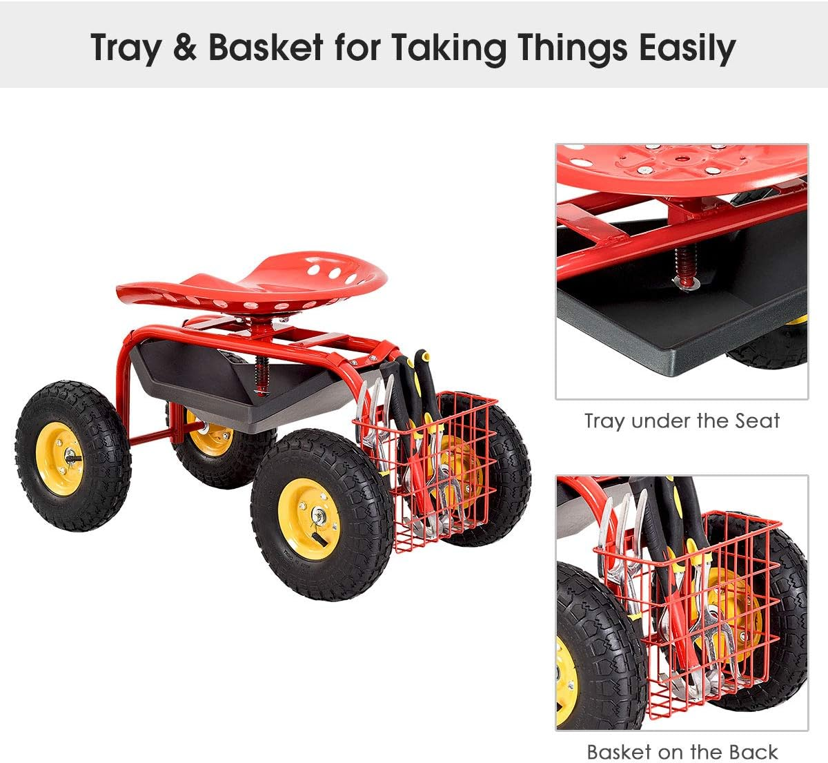 Costway Rolling Garden Cart Work Seat W/Wheels, Scooter W/360 Swivel Seat and Utility Tool Storage Basket, Heavy Duty Outdoor Work Cart W/Adjustable Height for Gardening Planting (Red) - Red image number 5