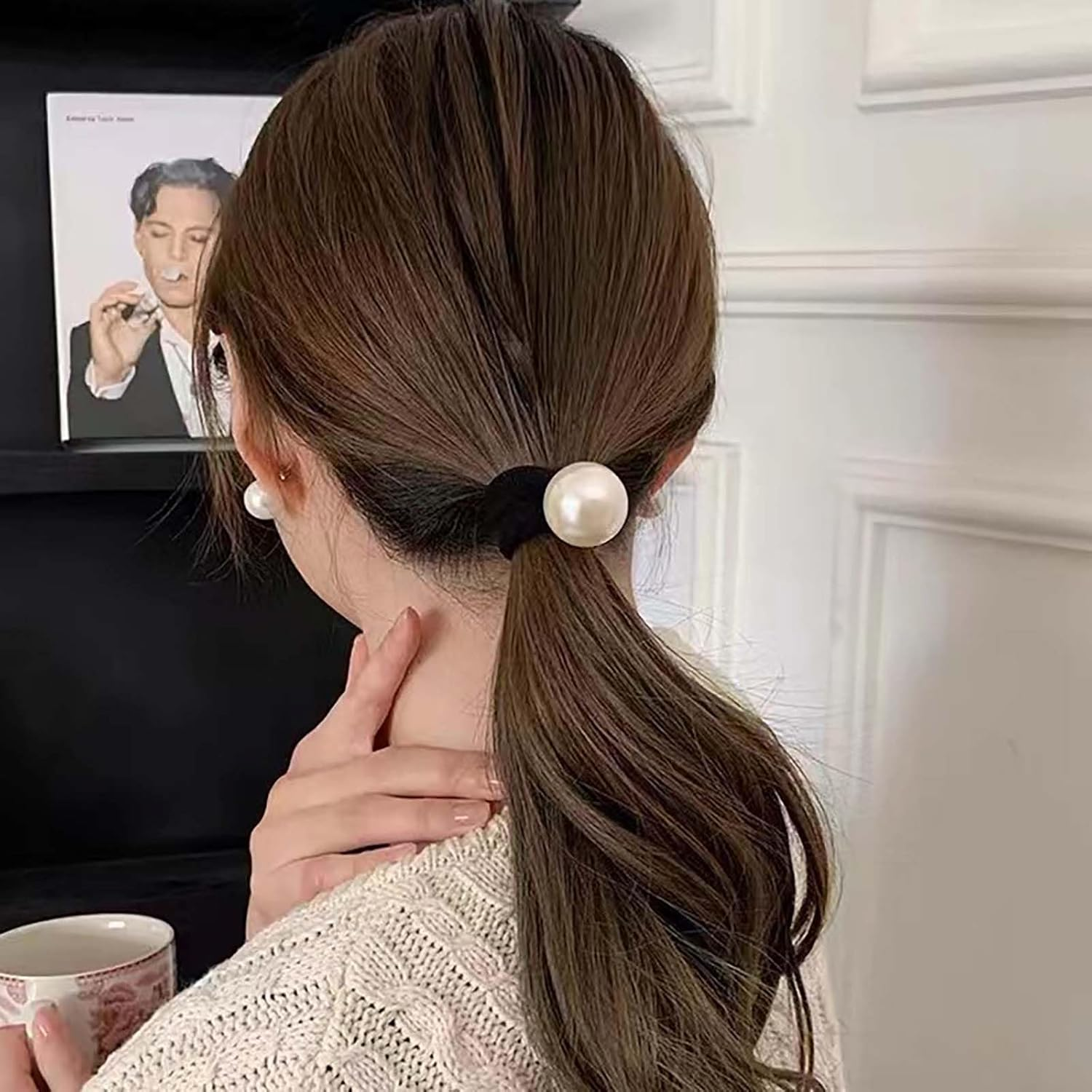 Inateannal Pearl Elastic Hair Bobbles Large Pearl Hair Bobbles Scrunchies Black Ponytail Holder Hair Band Rope Pearl Hair Accessories Hair Rope Jewellery for Women image number 5