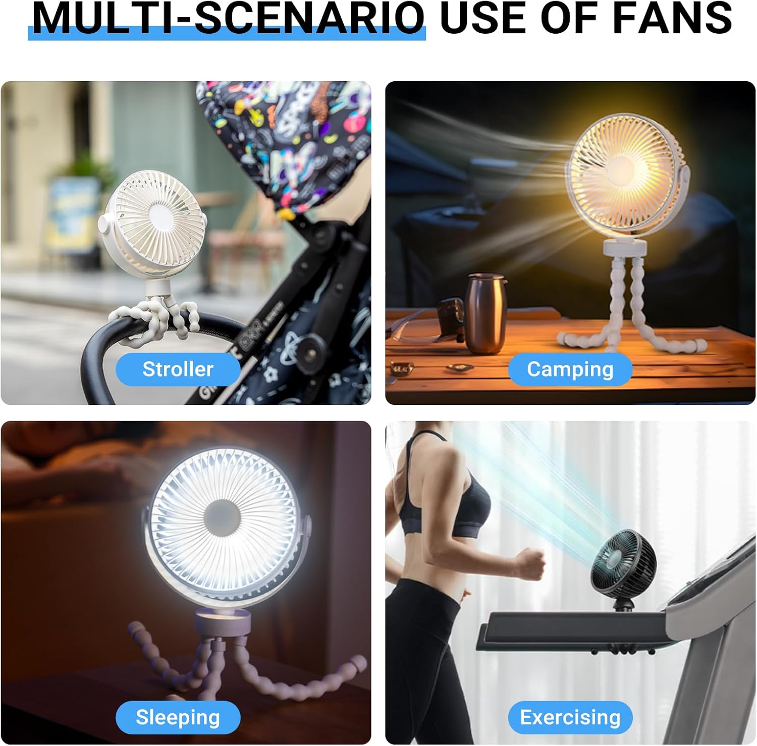 USOR Pram Fan, 4 Speed Portable Clip on Stroller Fan for Baby5000Mah Battery Operated Personal Desk Fans with Flexible Tripod Mini Handheld Usb Fan Rechargeable for Car Seat Treadmill Camping Black image number 1