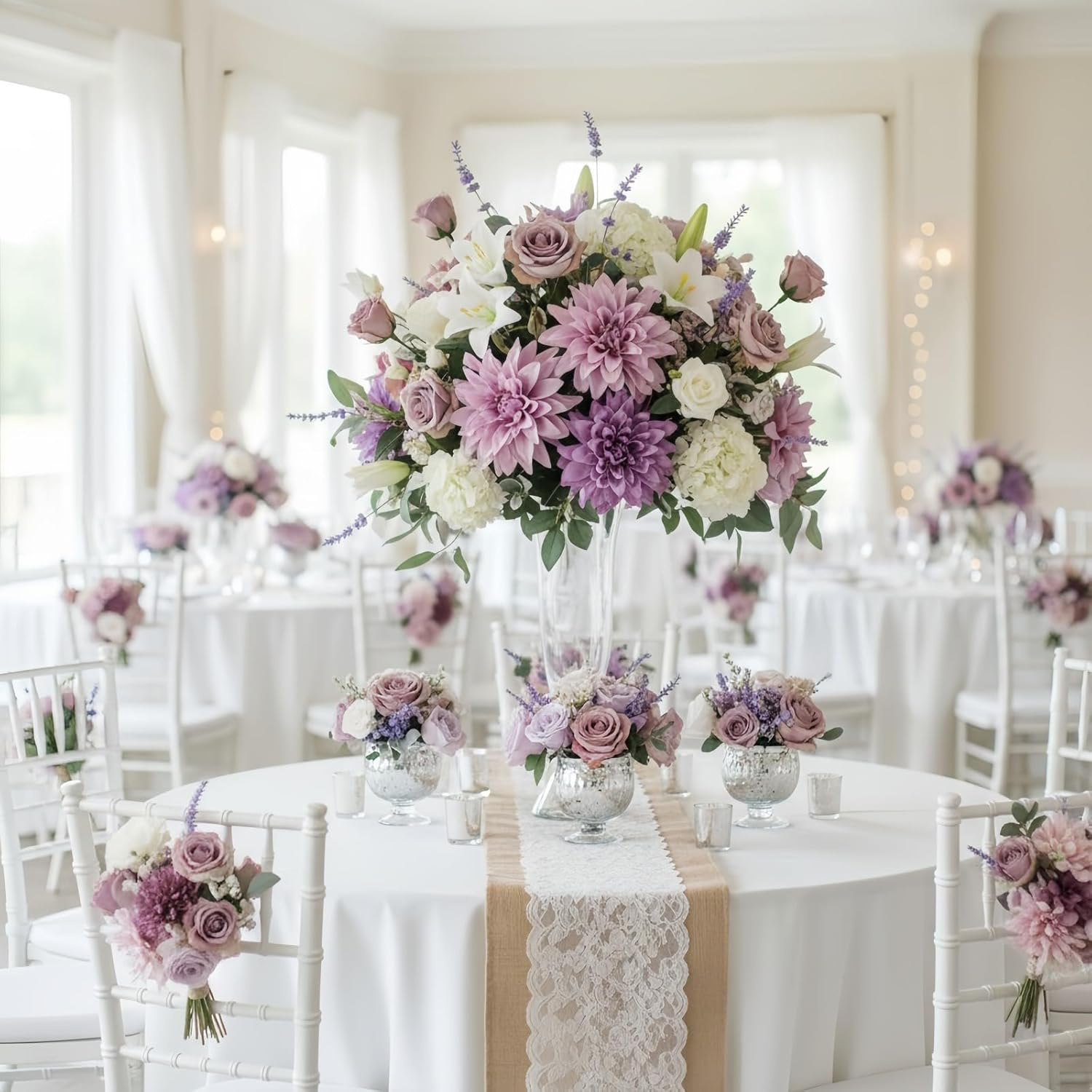 Artificial Silk Purple Champagne Rose Flowers Box for Wedding Decorations, Real Touch Peony and Fake Rose Bouquets with Stems for Wedding Cake Topper Party Bridal Bouquets Indoor Outdoor Decorations image number 3