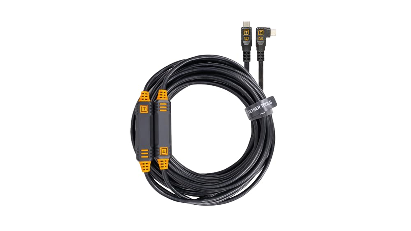 Tether Tools Tetherpro USB-C to USB-C, 31' (9.4M), Straight to Right Angle Cable with Dual In-Line Tetherboosts, & Exclusive Data Transfer - Orange