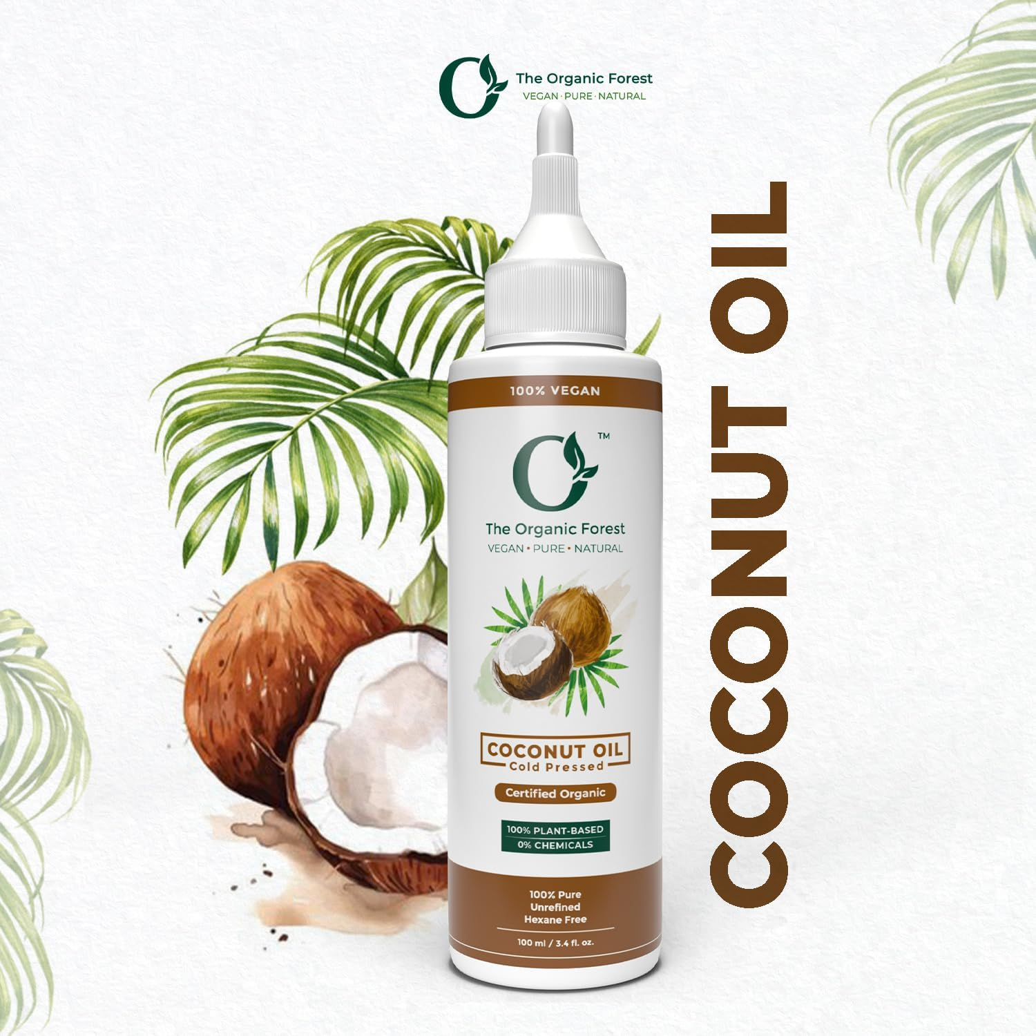 Organic Forest USDA Certified 100% Organic Coconut Oil for Hair and Skin | Chemical Free Pure Cold Pressed Coconut Oil | Unrefined, Natural, Coconut Hair Oil, Pure Coconut Oil for Skin | 3.4 Fl.Oz. image number 1