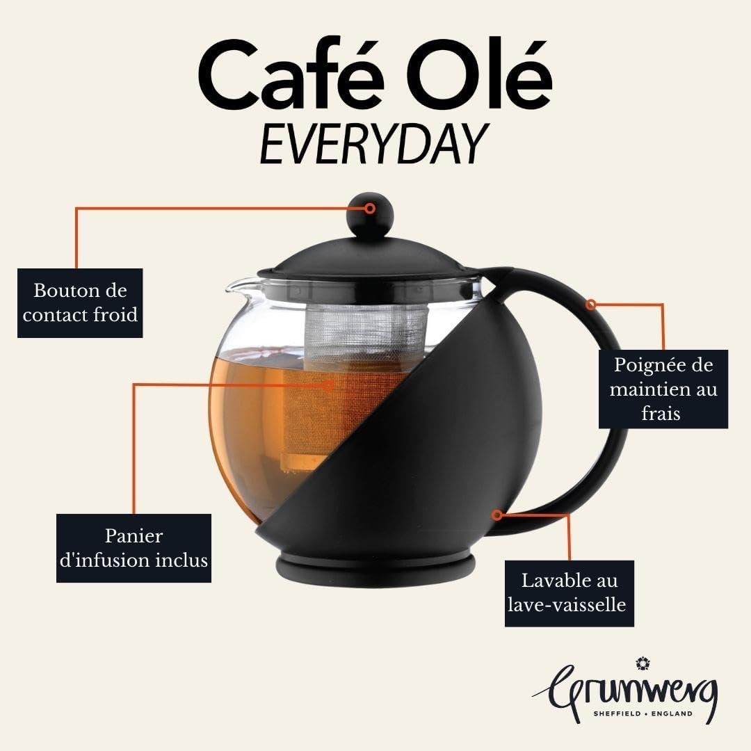 Caf&eacute; Ole Everyday round Tea Pot Infuser Basket Glass Teapot Loose Leaf, Black, 700 Ml/24 Oz