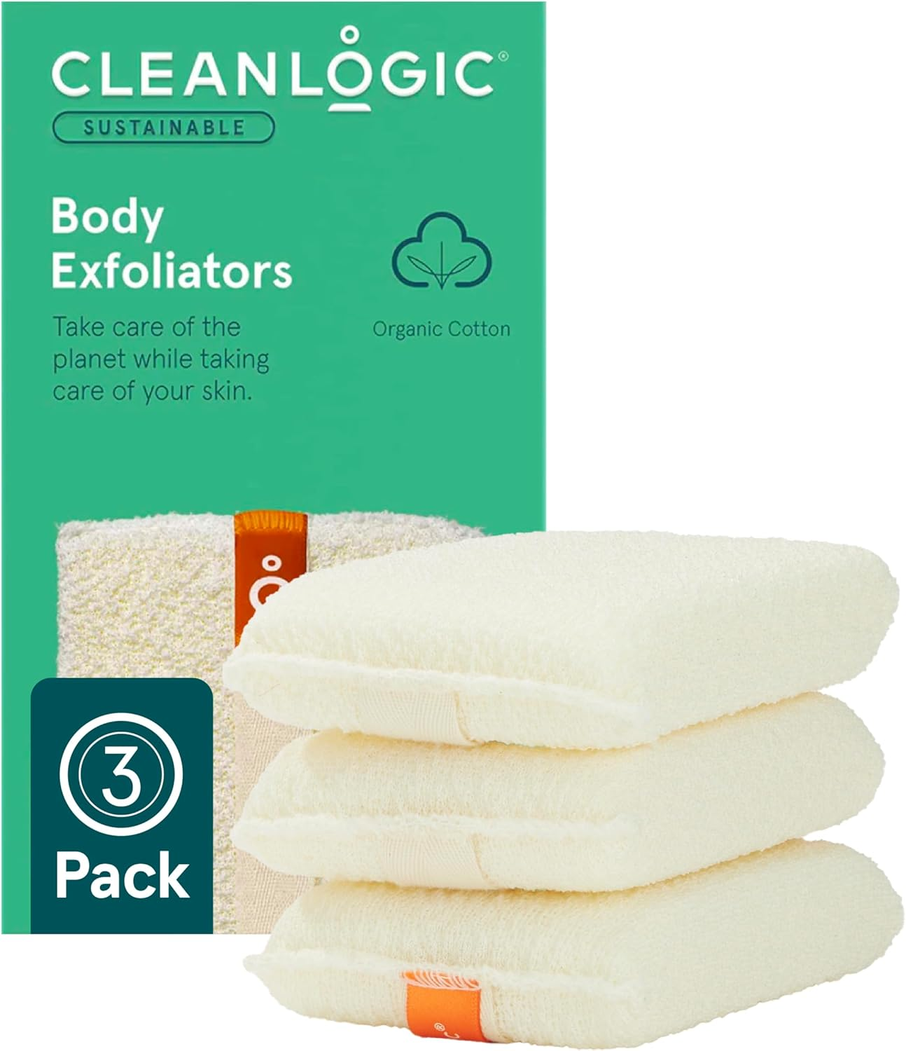 Cleanlogic Organic Cotton Exfoliating Body Scrubber, Reusable Exfoliator Tool for Smooth and Softer Skin, Daily Skincare Routine, Natural, 3 Count Value Pack