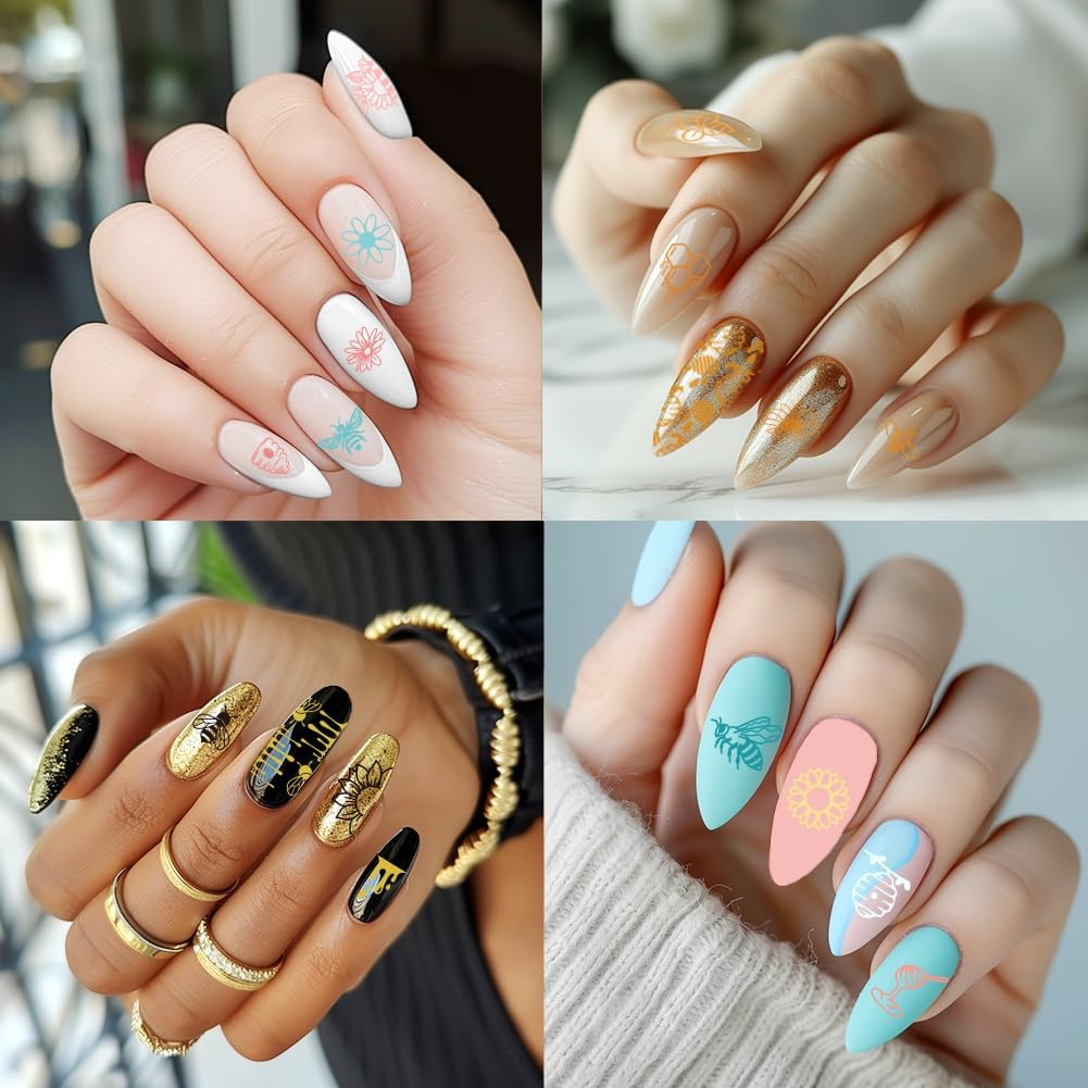 Beinkmake 3Pcs Bee Nail Stamping Plate Flowers Honeycomb Nail Art Stamp Templates Stainless Steel Reusable Tools with Stamper Scraper for Manicure Printing image number 5