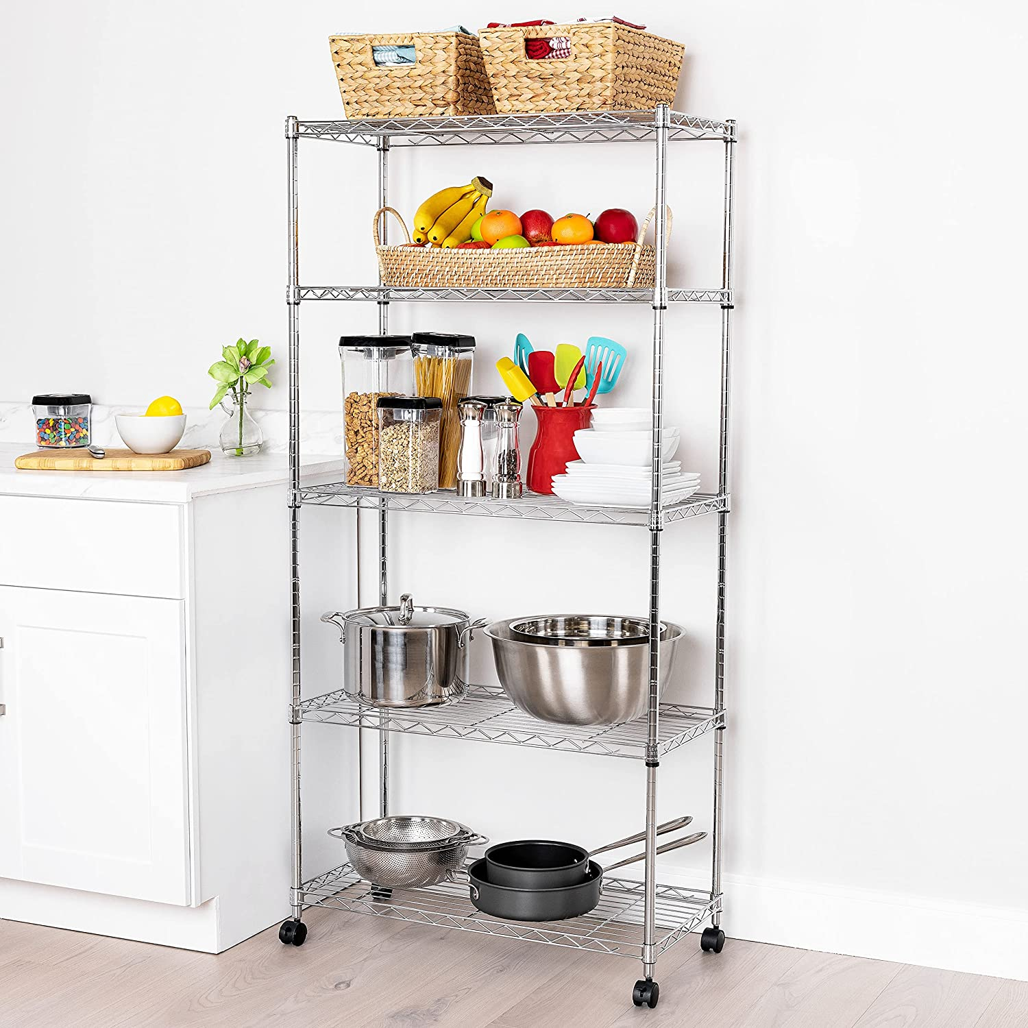 Seville Classics 5-Tier Wire Shelving with Wheels, 5-Tier, 30"" W X 14"" D (New Model), Chrome Plating, Plated Steel image number 4