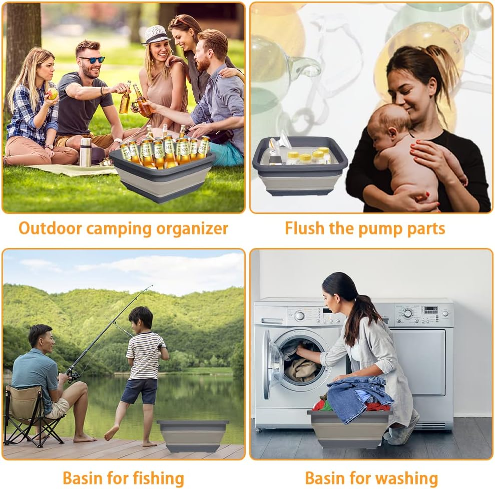 Collapsible Multipurpose Plastic Dish Basin, Space-Saving Outdoor Multiuse Foldable Ice Bucket for Camping,Hiking,Fashing (Black-Square) - Dishpan+Bucket image number 5