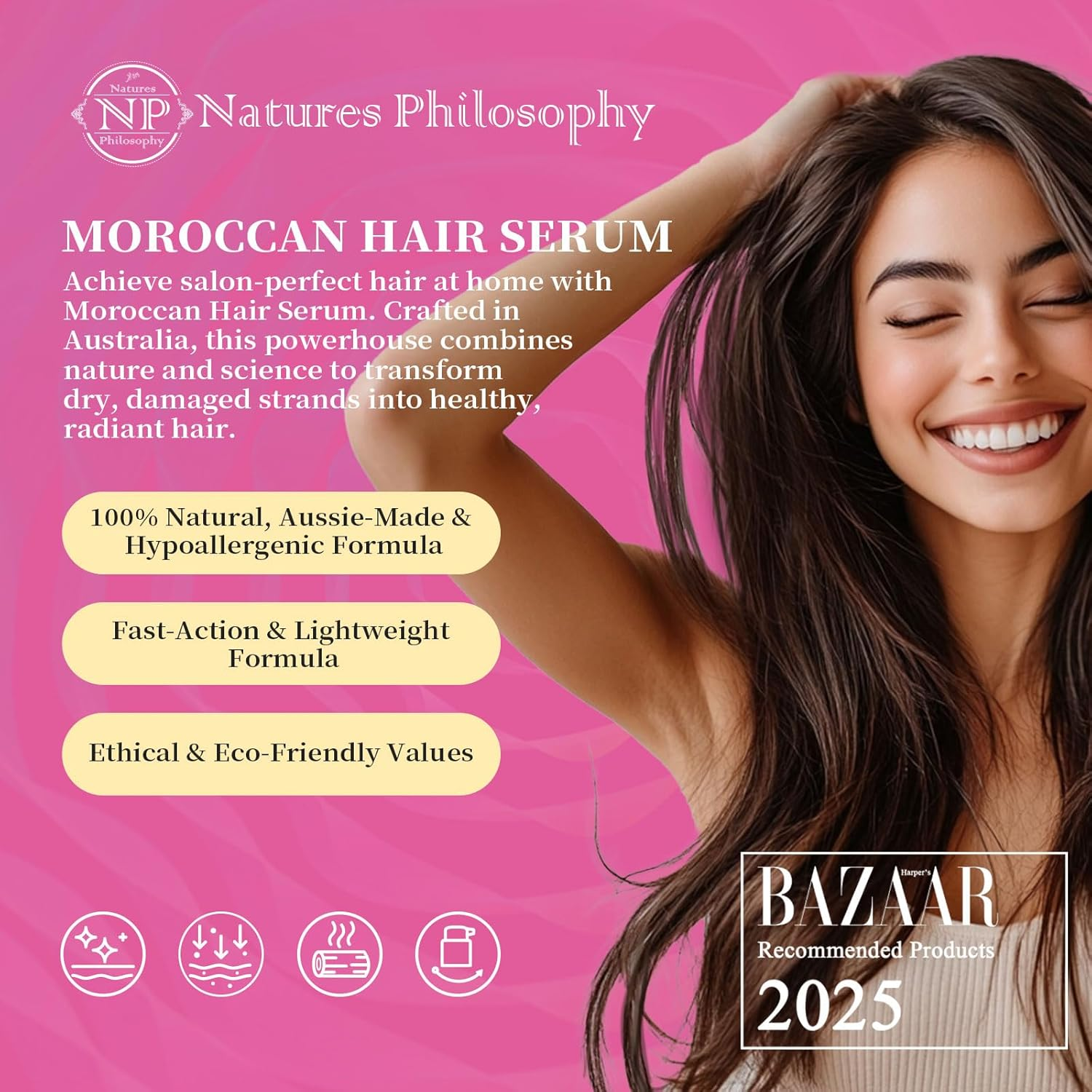 NP NATURES PHILOSOPHY Moroccan Argan Oil - Hair Serum Organic, Anti-Frizz, Repairs Damaged Hair, Adds Shine for All Hair Types Aussie Allergy-Free Moroccan Oil Hair Products 1.69 Fl Oz image number 6