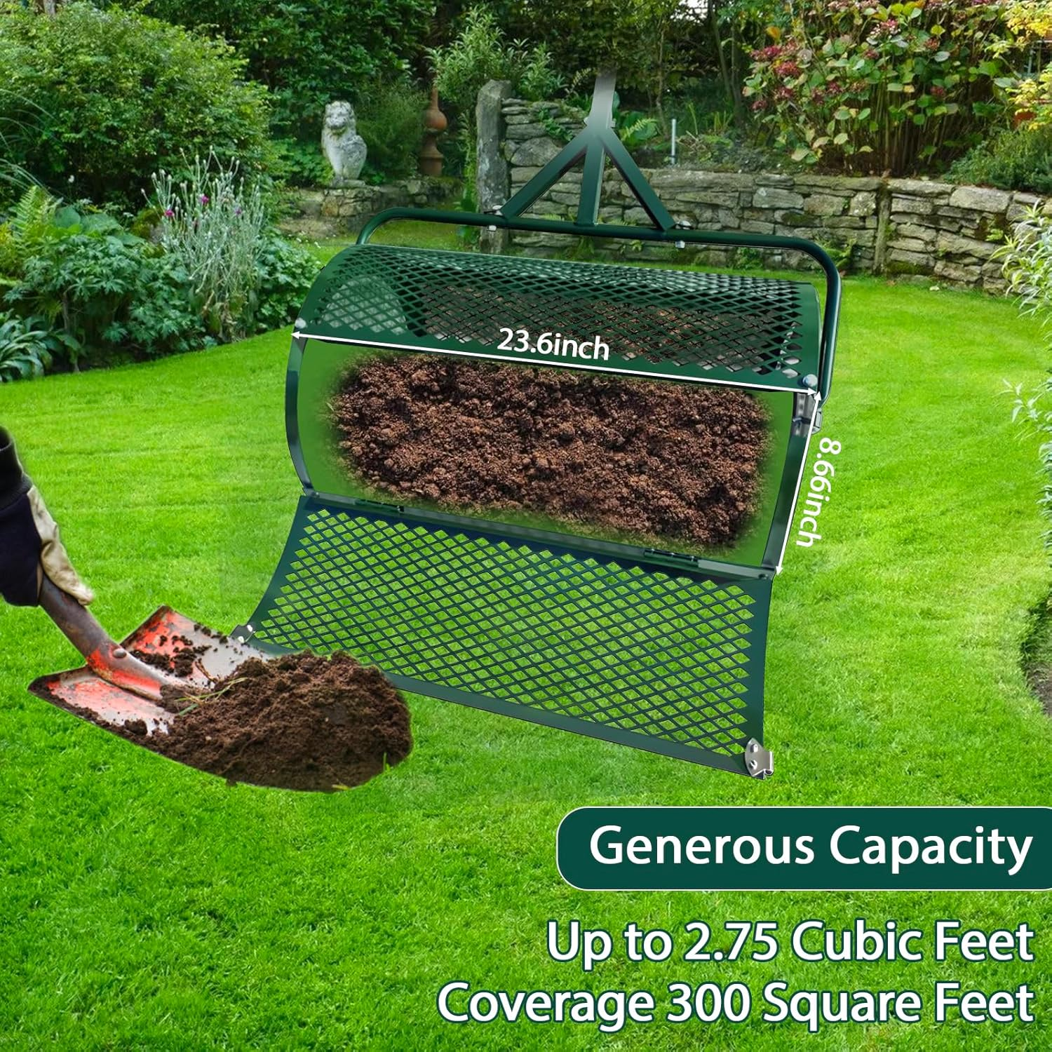 24" Compost Spreader Lawn and Garden Peat Moss Roller with 22.4"-27.5" Height Adjustable Handle 24" X 15.7" Powder Coated Mesh Basket with Side Latches for Topsoil Manure Fertilizers image number 2