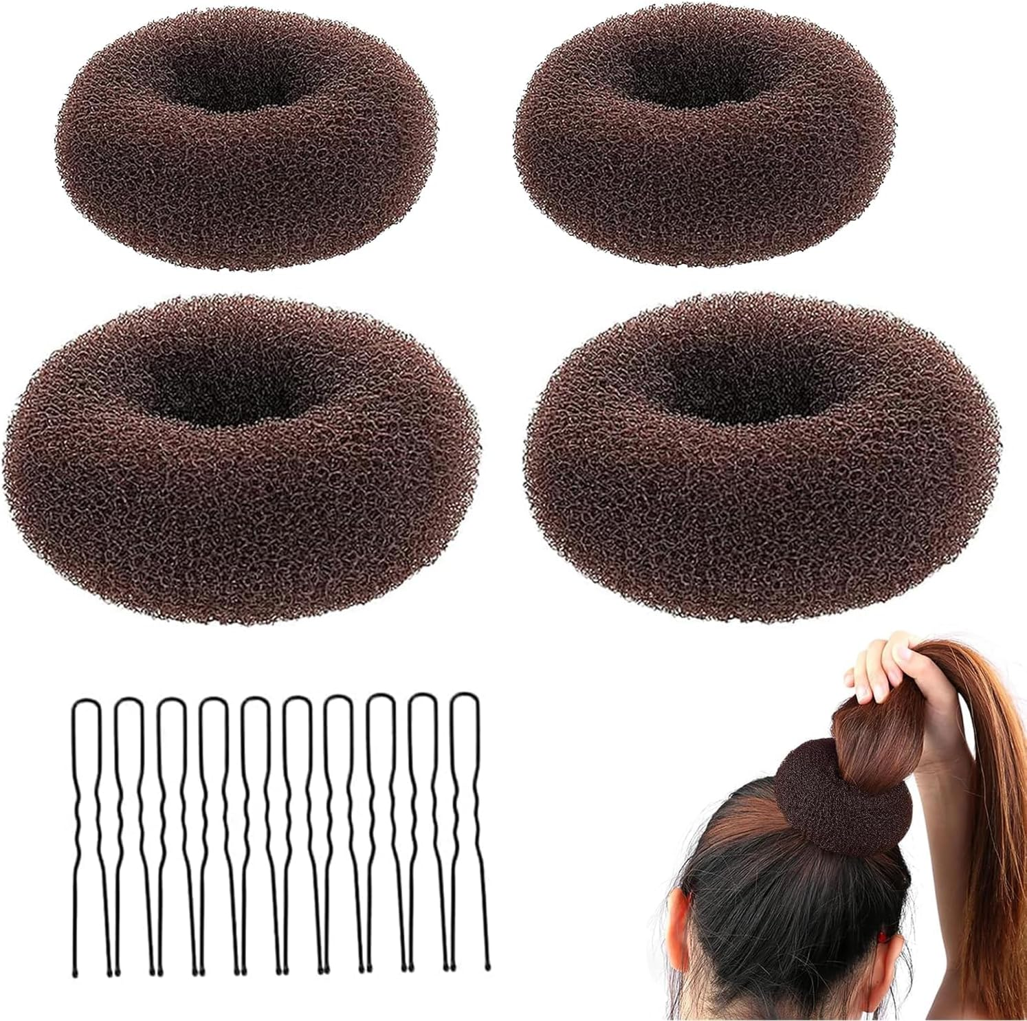 4 Pieces Hair Donut Bun Maker Set, Hair Donut Bun Ring with 20 Golden Hairpins, Chignon Bun Maker Hair Ring Style Accessories for Dancers, Donut Bun Hair Accessories (Coffee) image number 4