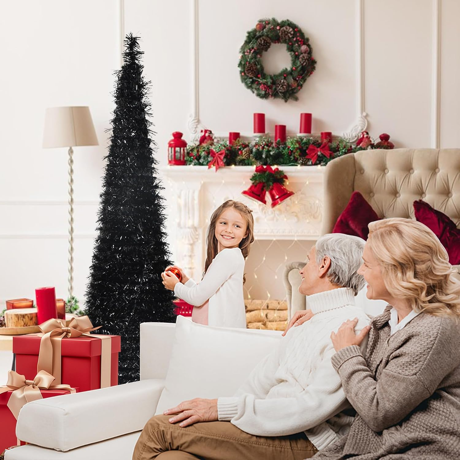 YUQI 5' Slim Black Tinsel Pop-Up Artificial Halloween Christmas Tree,Collapsible Pencil Halloween Christmas Trees Features Sequins Accents for Apartments,Dorm Rooms,Fireplace or Party image number 6